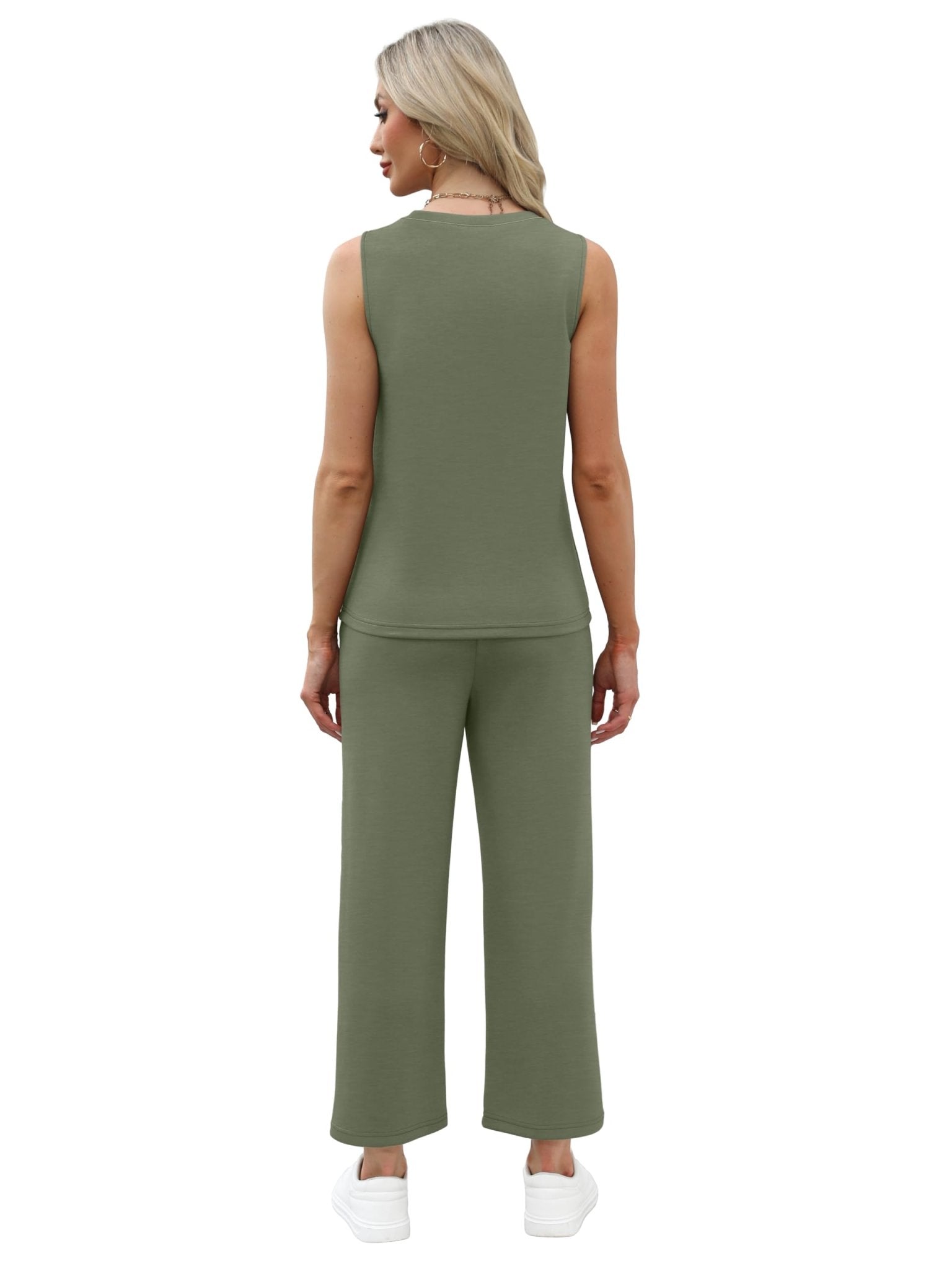 WIHOLL Two Piece Sets for Women Summer Vacation Travel Outfits Pleated Tank Top Wide Leg Crop Pants Matching Lounge Sets