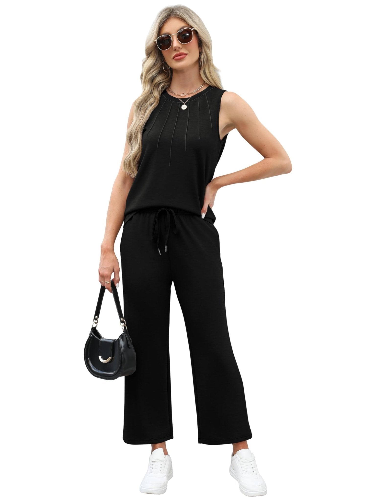 WIHOLL Two Piece Sets for Women Summer Vacation Travel Outfits Pleated Tank Top Wide Leg Crop Pants Matching Lounge Sets