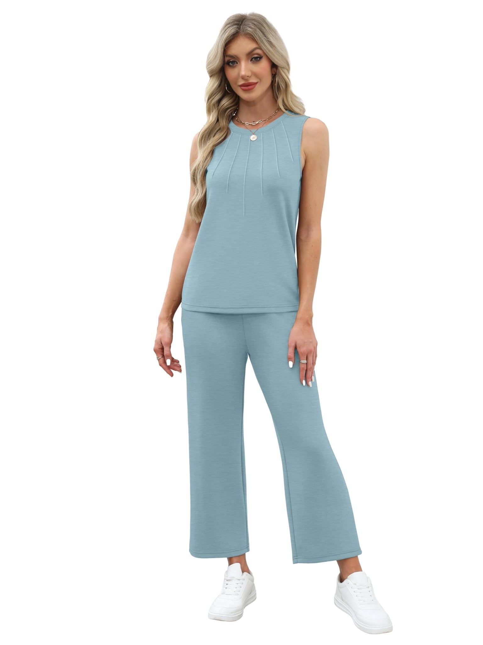 WIHOLL Two Piece Sets for Women Summer Vacation Travel Outfits Pleated Tank Top Wide Leg Crop Pants Matching Lounge Sets