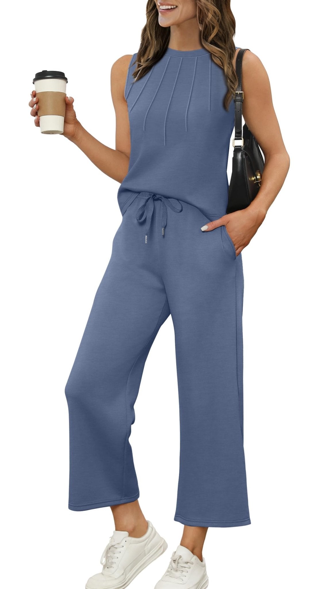 WIHOLL Two Piece Sets for Women Summer Vacation Travel Outfits Pleated Tank Top Wide Leg Crop Pants Matching Lounge Sets