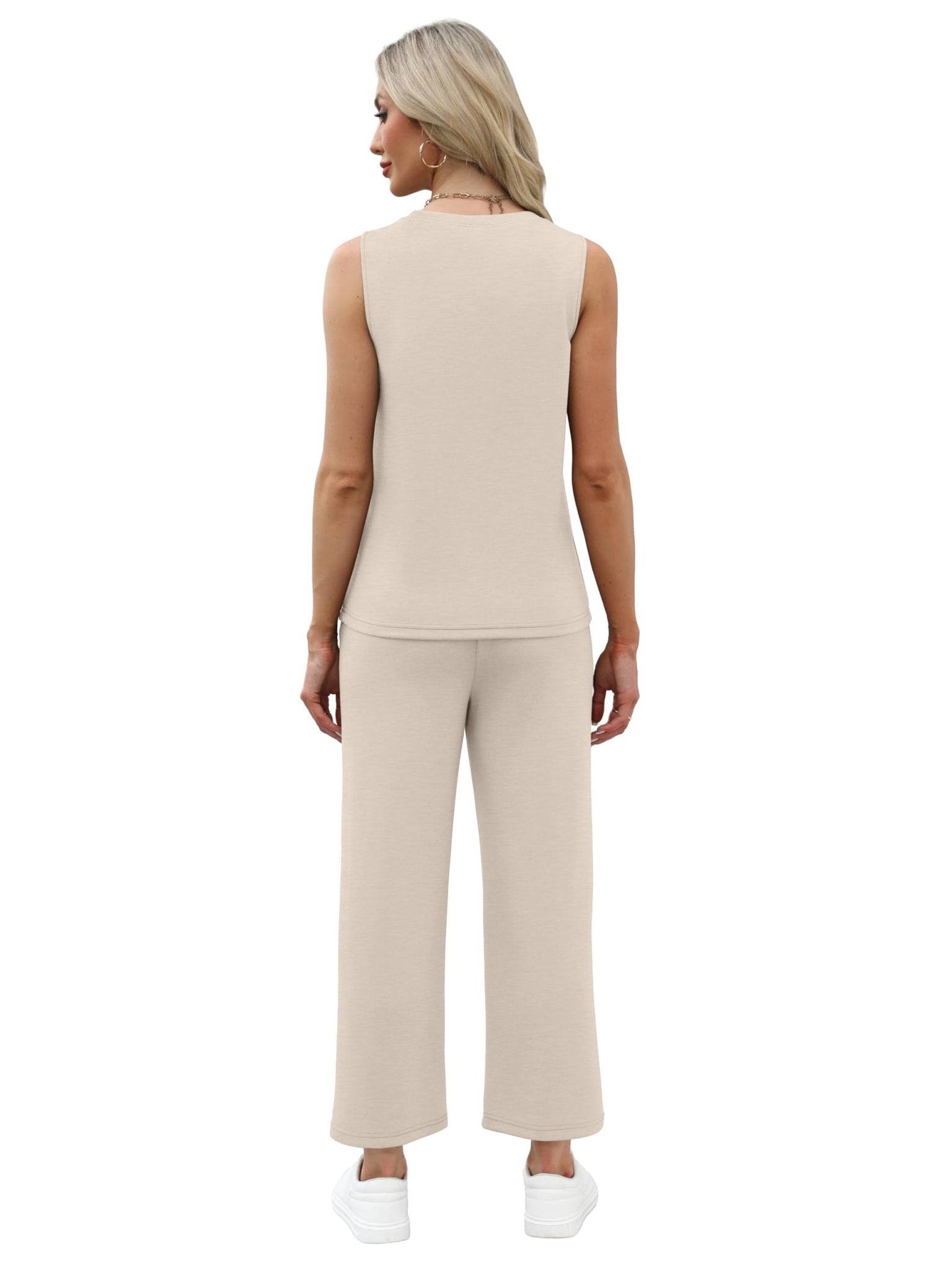 WIHOLL Two Piece Sets for Women Summer Vacation Travel Outfits Pleated Tank Top Wide Leg Crop Pants Matching Lounge Sets