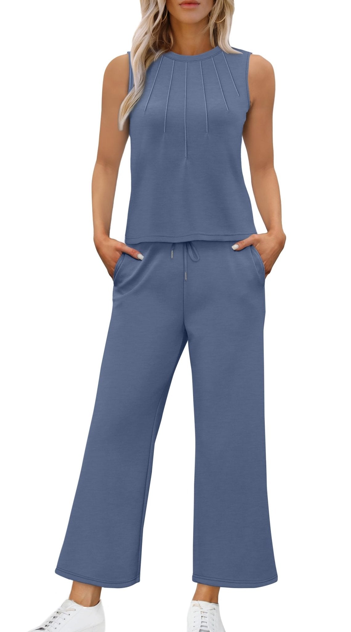 WIHOLL Two Piece Sets for Women Summer Vacation Travel Outfits Pleated Tank Top Wide Leg Crop Pants Matching Lounge Sets