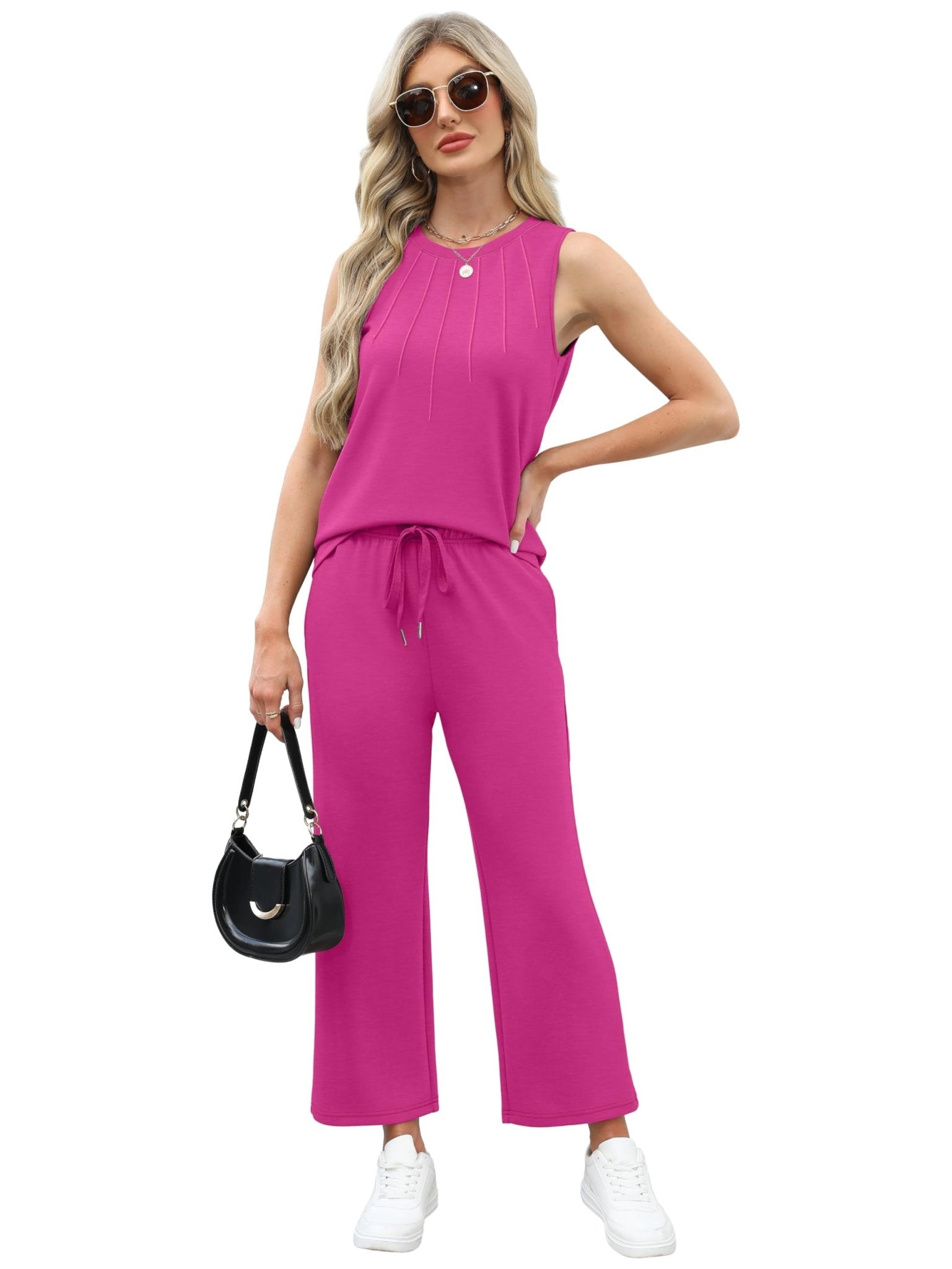 WIHOLL Two Piece Sets for Women Summer Vacation Travel Outfits Pleated Tank Top Wide Leg Crop Pants Matching Lounge Sets