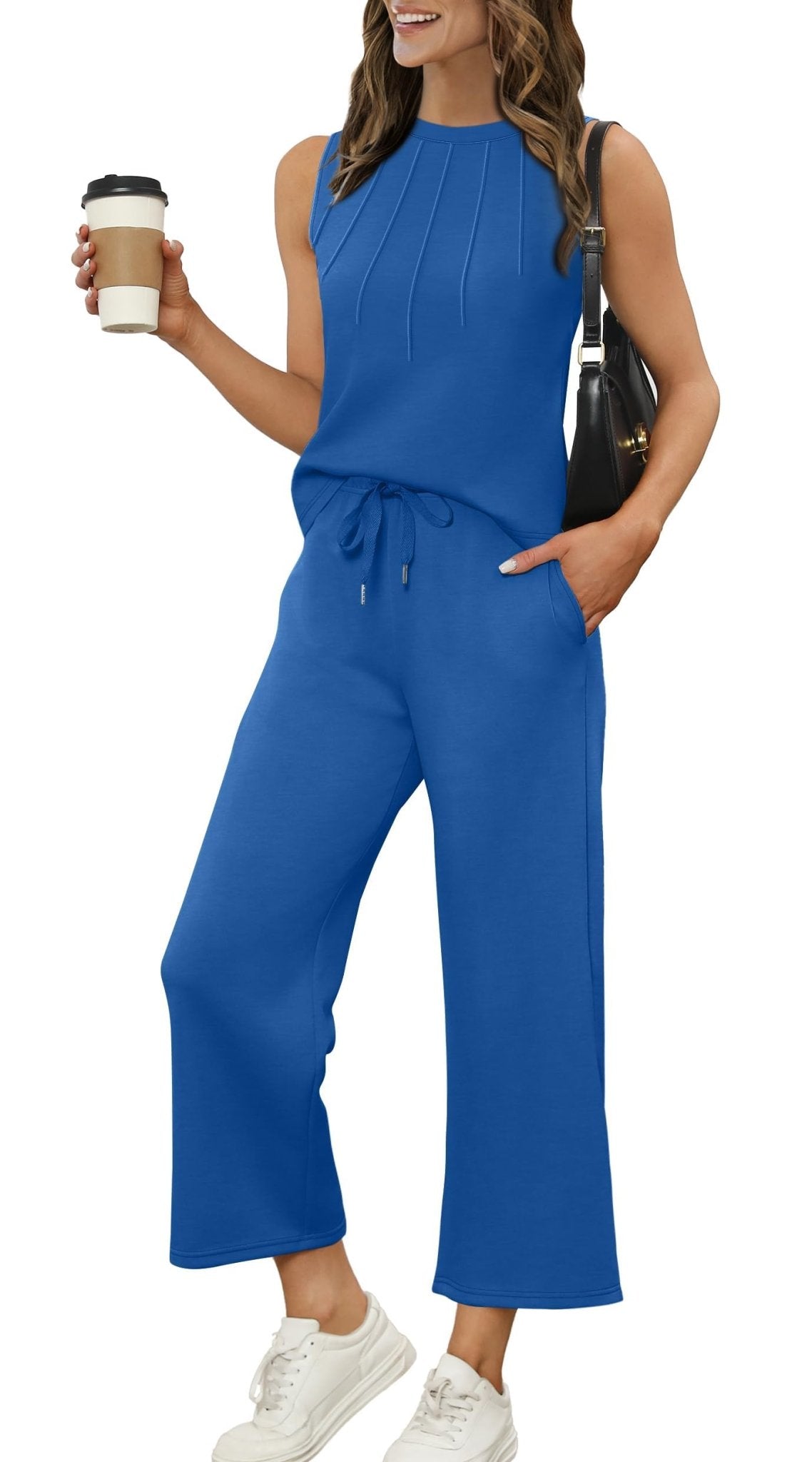 WIHOLL Two Piece Sets for Women Summer Vacation Travel Outfits Pleated Tank Top Wide Leg Crop Pants Matching Lounge Sets