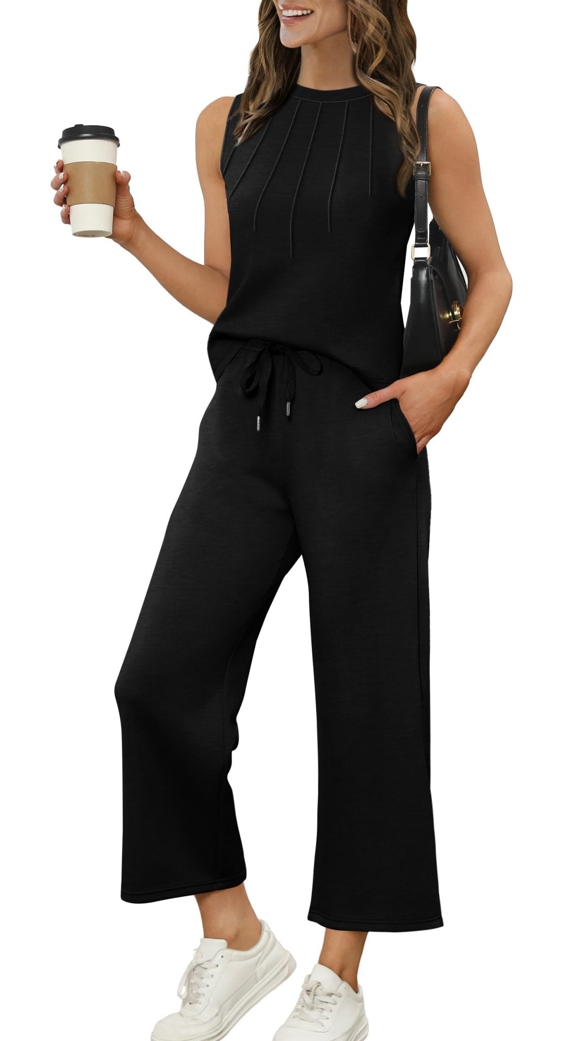 WIHOLL Two Piece Sets for Women Summer Vacation Travel Outfits Pleated Tank Top Wide Leg Crop Pants Matching Lounge Sets