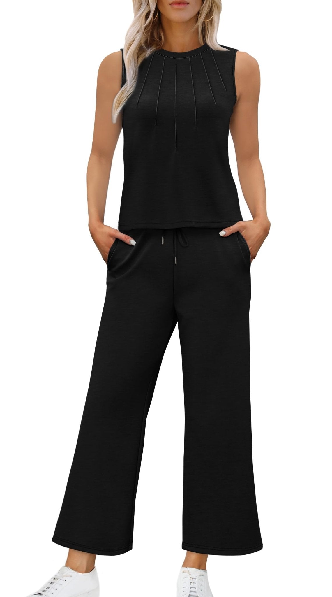 WIHOLL Two Piece Sets for Women Summer Vacation Travel Outfits Pleated Tank Top Wide Leg Crop Pants Matching Lounge Sets