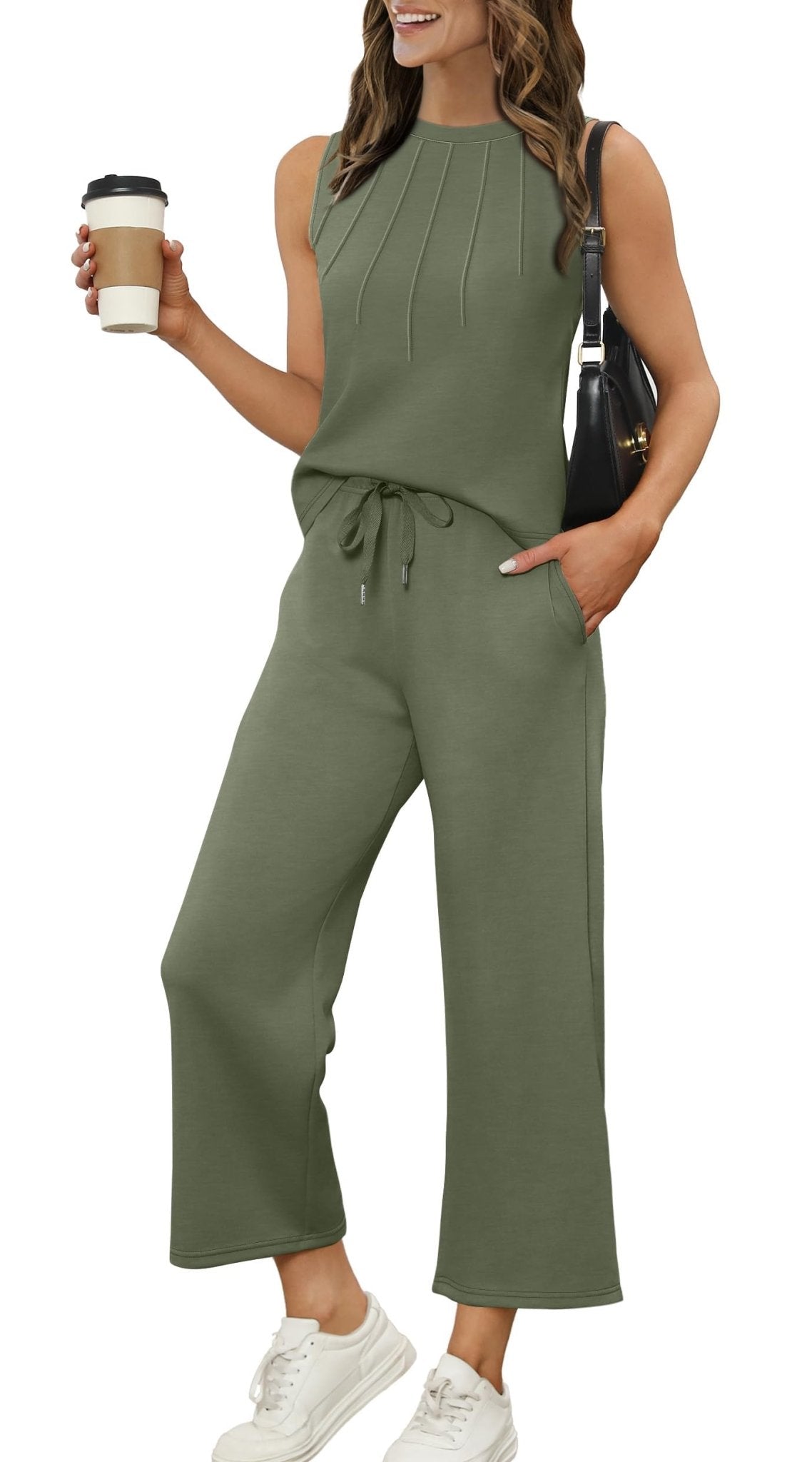 WIHOLL Two Piece Sets for Women Summer Vacation Travel Outfits Pleated Tank Top Wide Leg Crop Pants Matching Lounge Sets