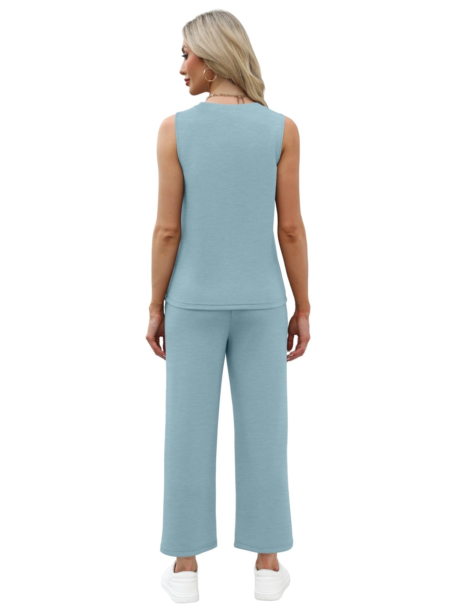 WIHOLL Two Piece Sets for Women Summer Vacation Travel Outfits Pleated Tank Top Wide Leg Crop Pants Matching Lounge Sets