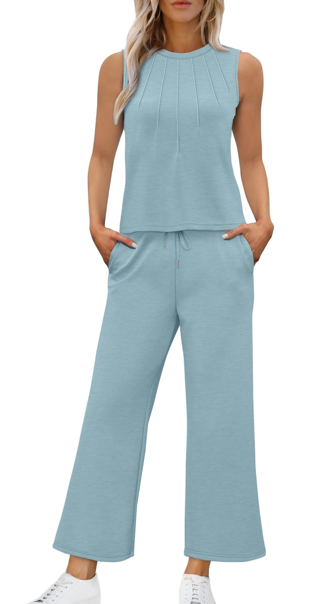 WIHOLL Two Piece Sets for Women Summer Vacation Travel Outfits Pleated Tank Top Wide Leg Crop Pants Matching Lounge Sets