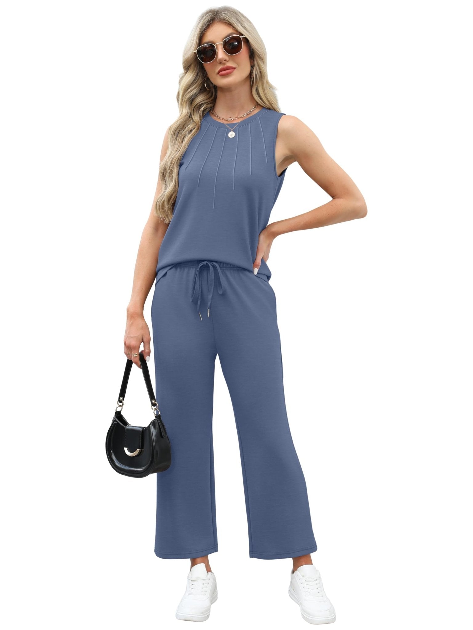 WIHOLL Two Piece Sets for Women Summer Vacation Travel Outfits Pleated Tank Top Wide Leg Crop Pants Matching Lounge Sets