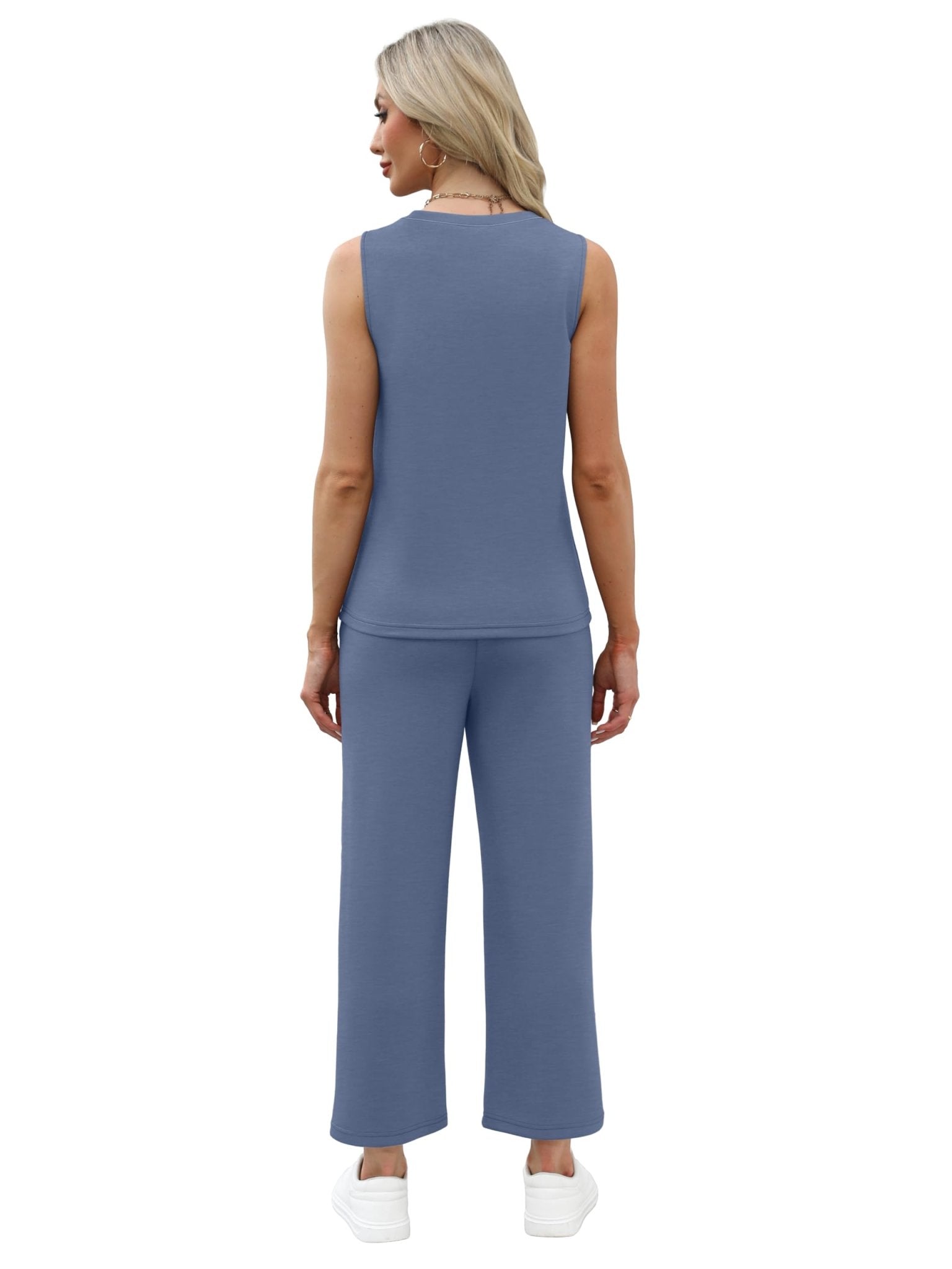 WIHOLL Two Piece Sets for Women Summer Vacation Travel Outfits Pleated Tank Top Wide Leg Crop Pants Matching Lounge Sets