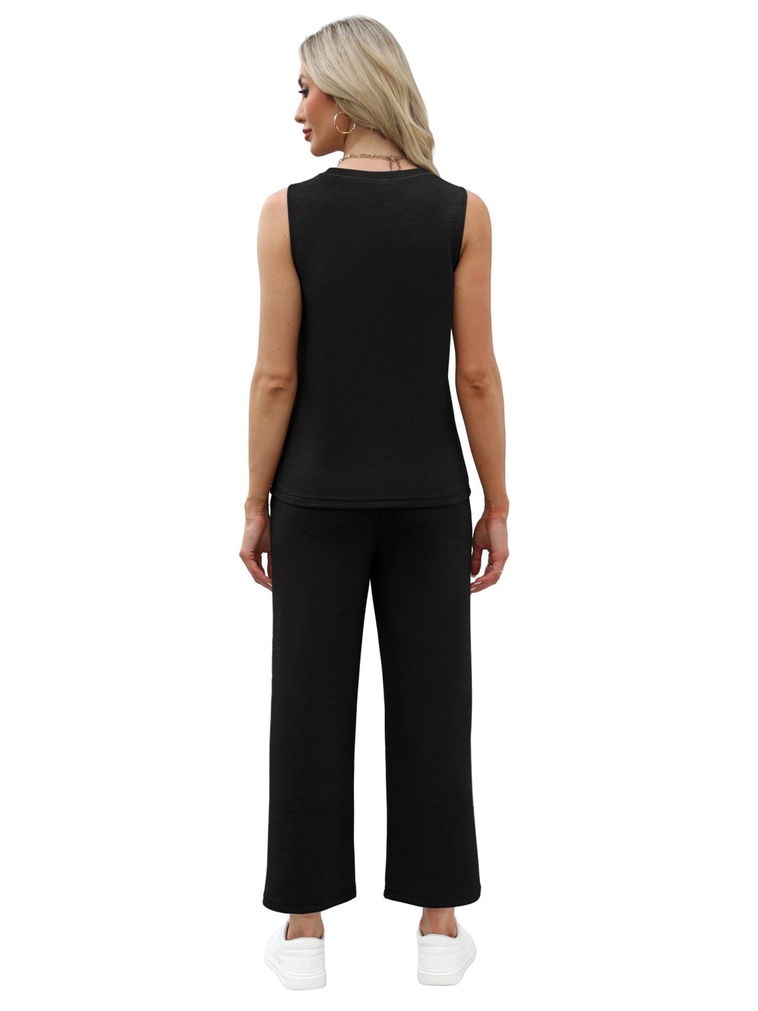 WIHOLL Two Piece Sets for Women Summer Vacation Travel Outfits Pleated Tank Top Wide Leg Crop Pants Matching Lounge Sets