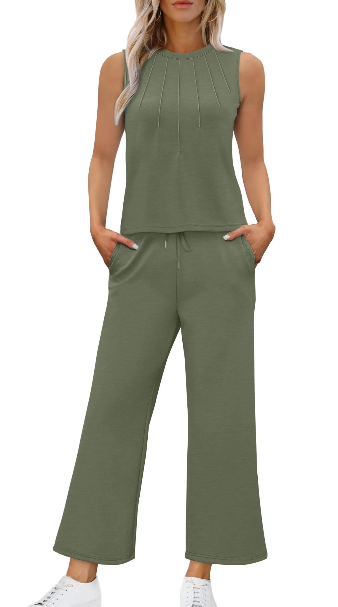 WIHOLL Two Piece Sets for Women Summer Vacation Travel Outfits Pleated Tank Top Wide Leg Crop Pants Matching Lounge Sets