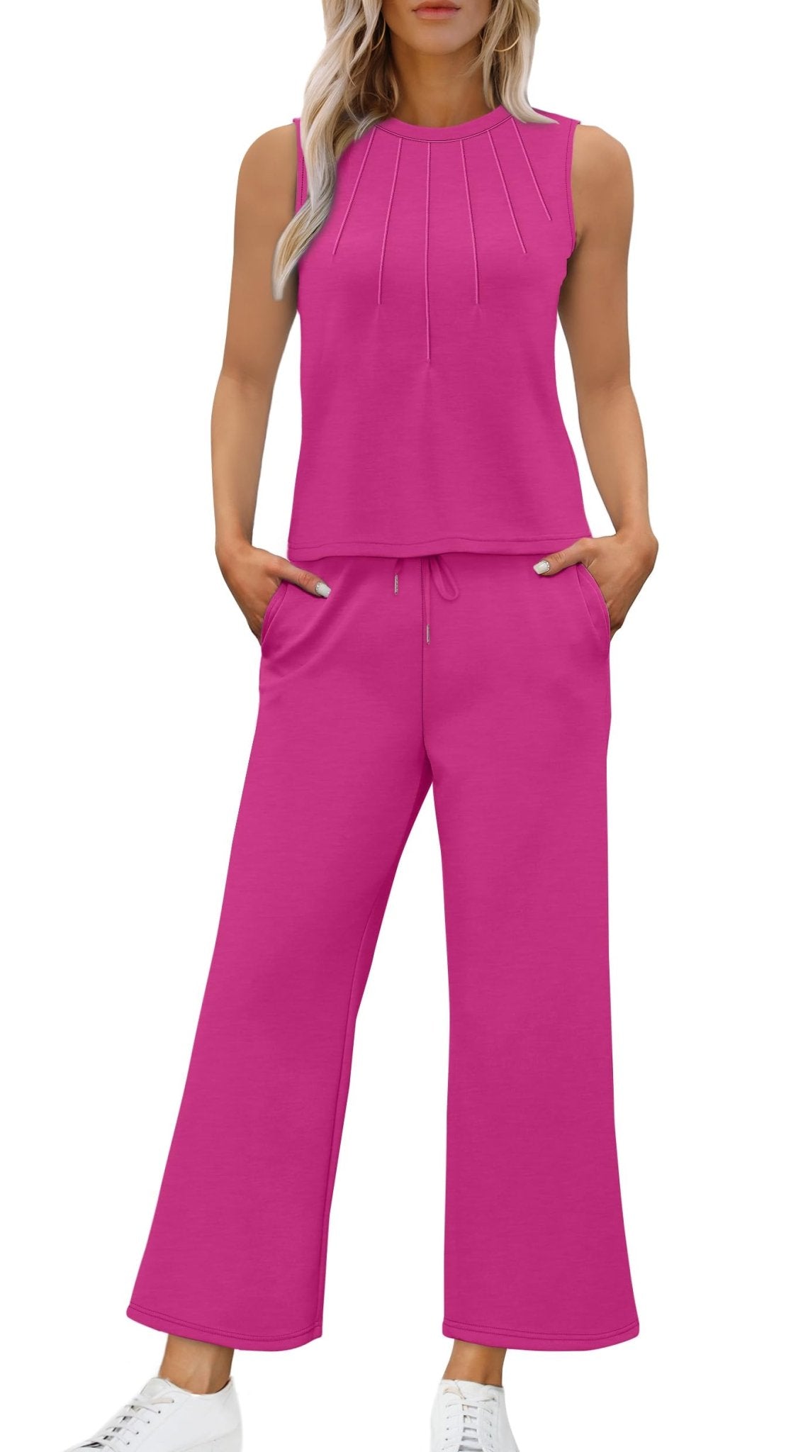 WIHOLL Two Piece Sets for Women Summer Vacation Travel Outfits Pleated Tank Top Wide Leg Crop Pants Matching Lounge Sets