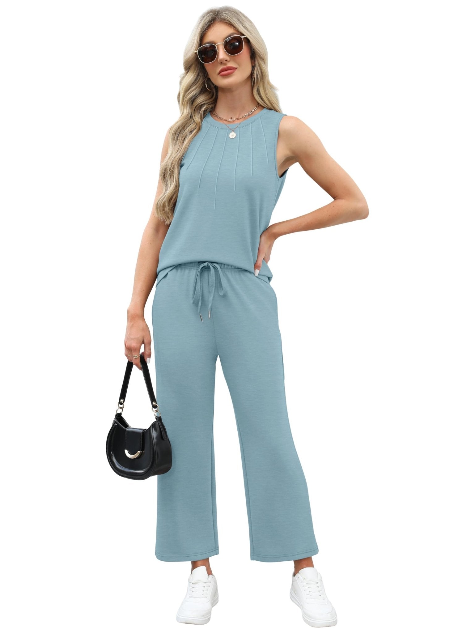 WIHOLL Two Piece Sets for Women Summer Vacation Travel Outfits Pleated Tank Top Wide Leg Crop Pants Matching Lounge Sets