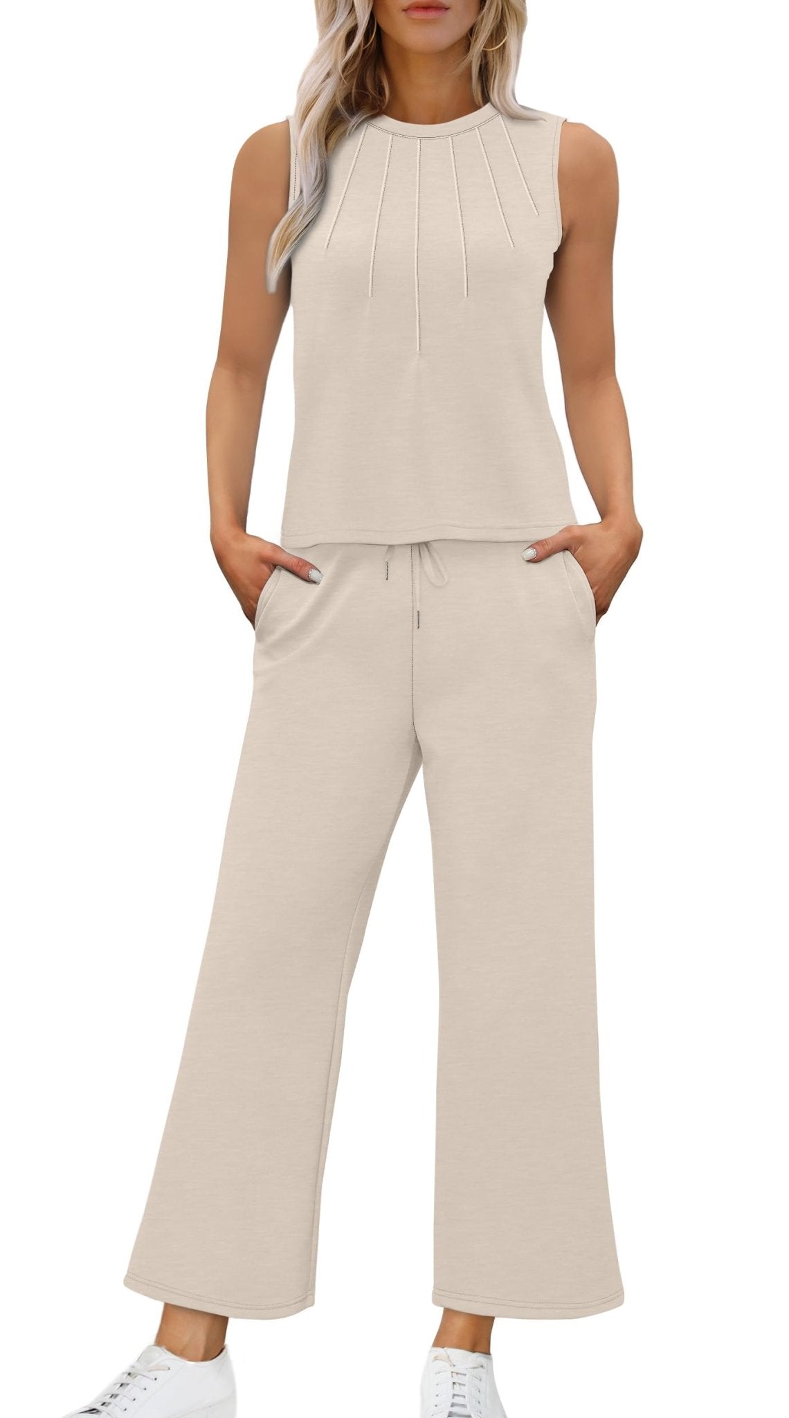 WIHOLL Two Piece Sets for Women Summer Vacation Travel Outfits Pleated Tank Top Wide Leg Crop Pants Matching Lounge Sets