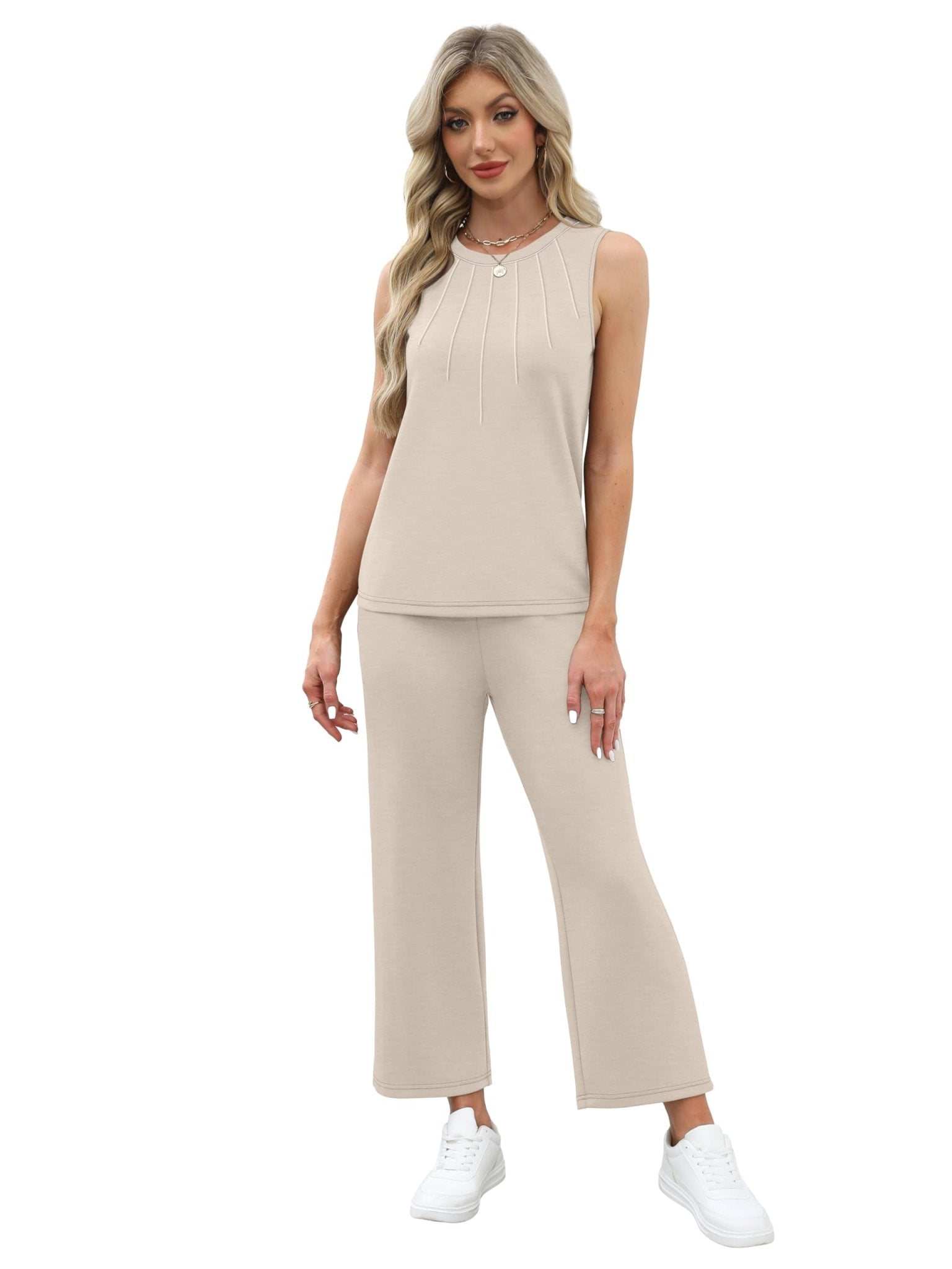 WIHOLL Two Piece Sets for Women Summer Vacation Travel Outfits Pleated Tank Top Wide Leg Crop Pants Matching Lounge Sets