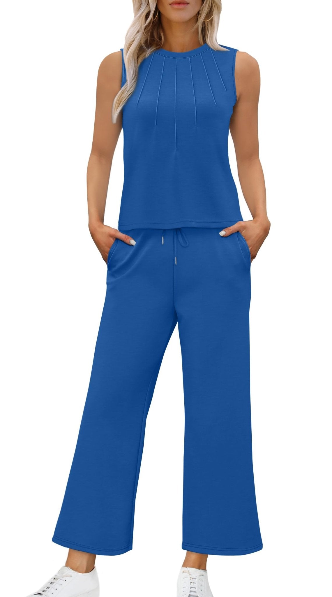 WIHOLL Two Piece Sets for Women Summer Vacation Travel Outfits Pleated Tank Top Wide Leg Crop Pants Matching Lounge Sets