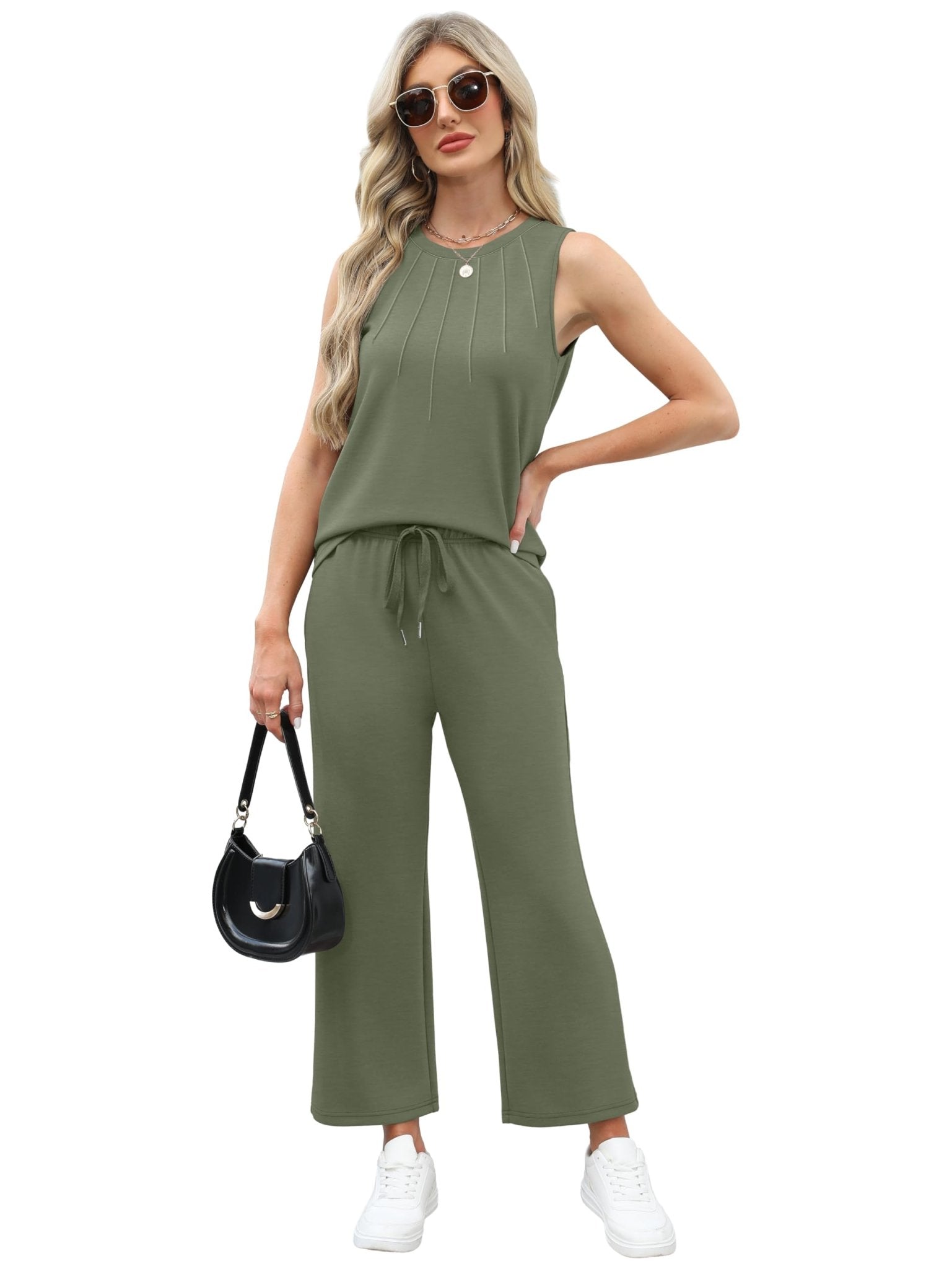 WIHOLL Two Piece Sets for Women Summer Vacation Travel Outfits Pleated Tank Top Wide Leg Crop Pants Matching Lounge Sets