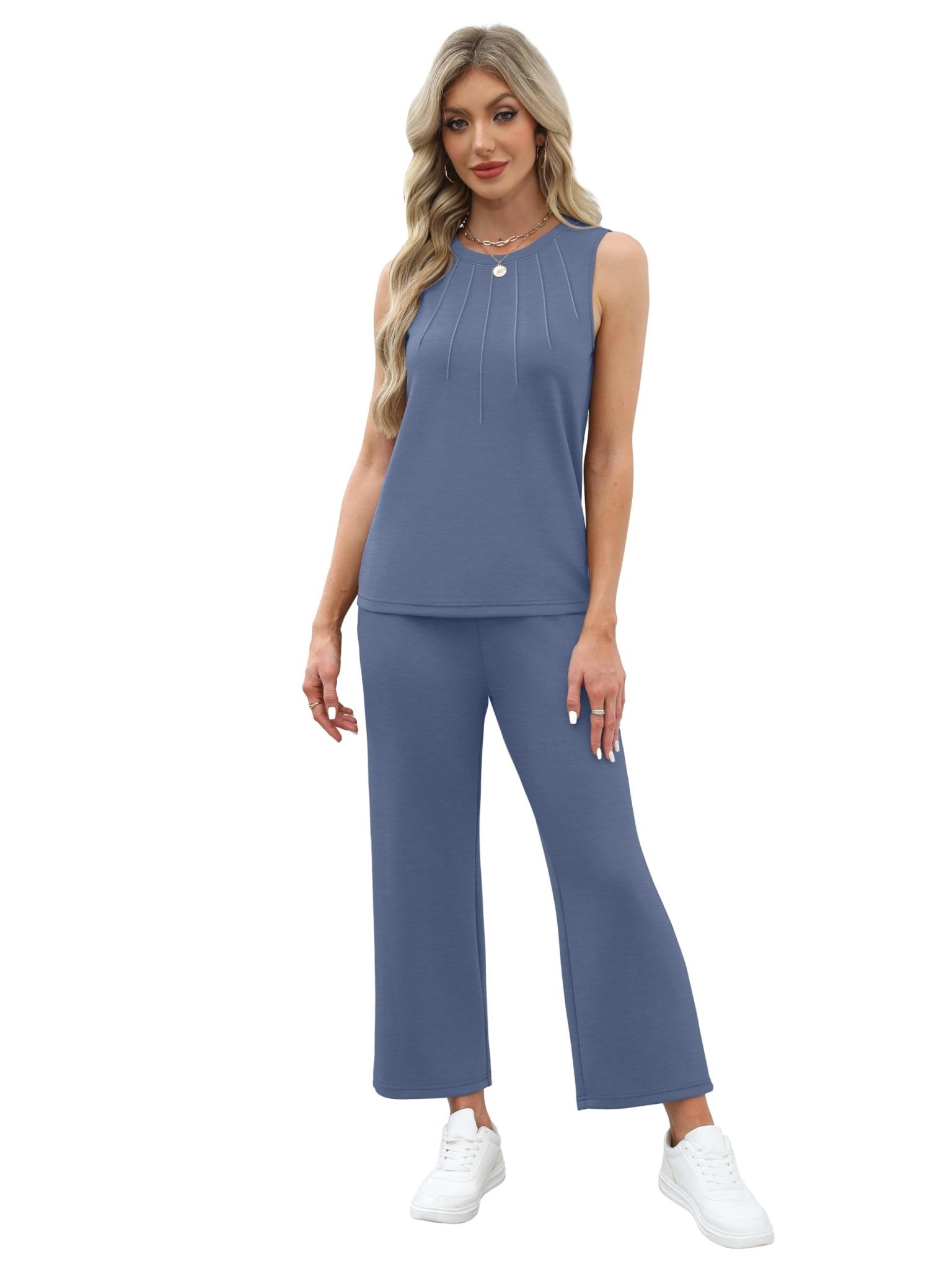 WIHOLL Two Piece Sets for Women Summer Vacation Travel Outfits Pleated Tank Top Wide Leg Crop Pants Matching Lounge Sets