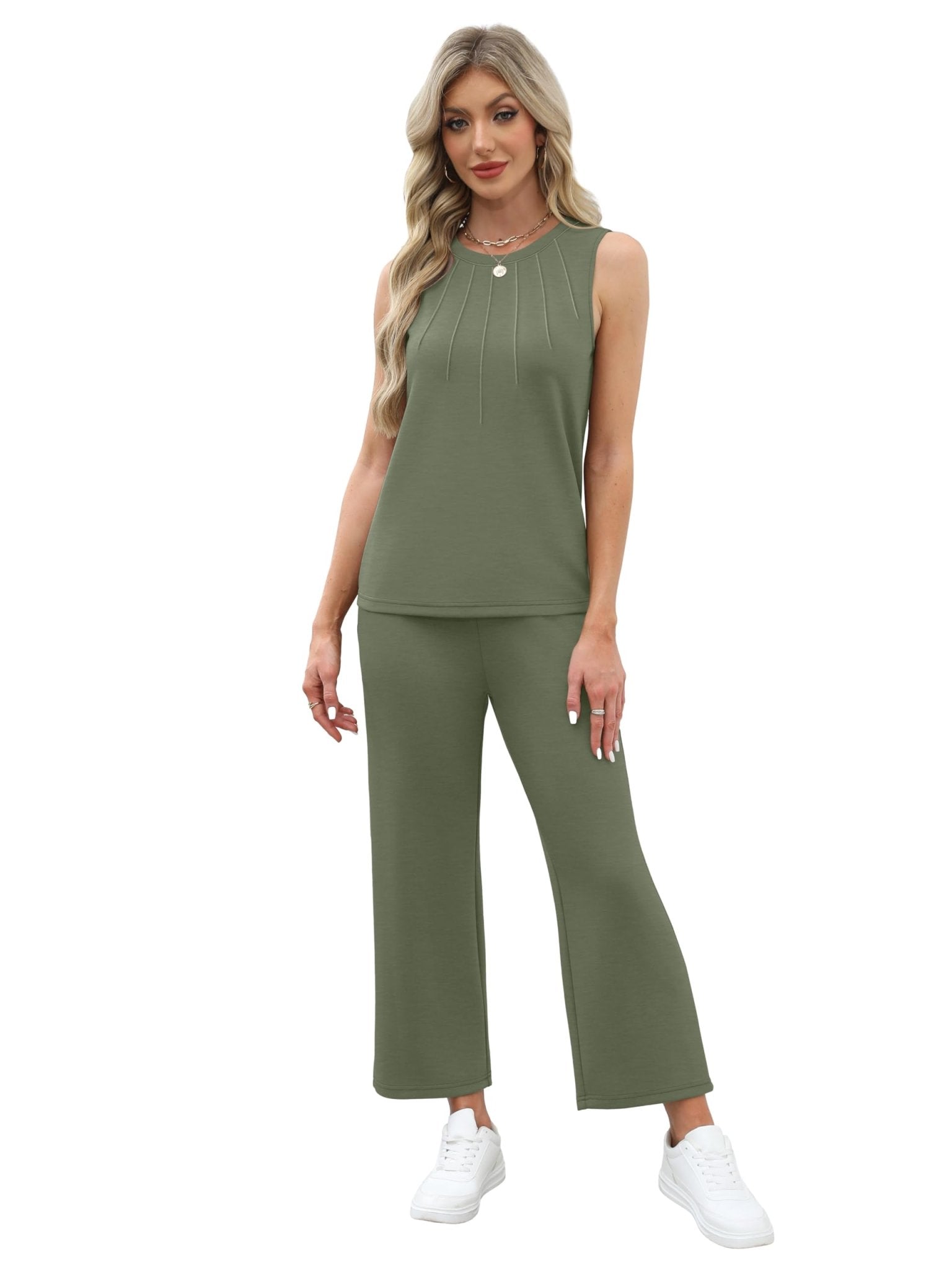 WIHOLL Two Piece Sets for Women Summer Vacation Travel Outfits Pleated Tank Top Wide Leg Crop Pants Matching Lounge Sets