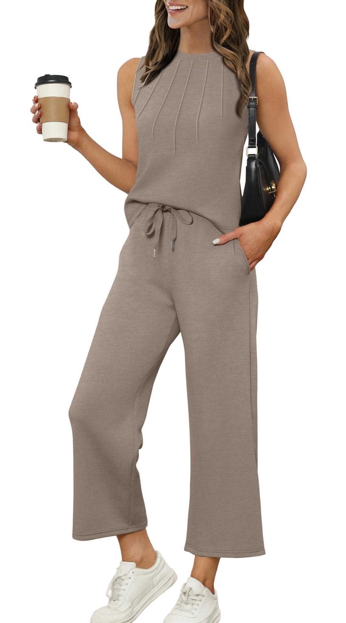 WIHOLL Two Piece Sets for Women Summer Vacation Travel Outfits Pleated Tank Top Wide Leg Crop Pants Matching Lounge Sets