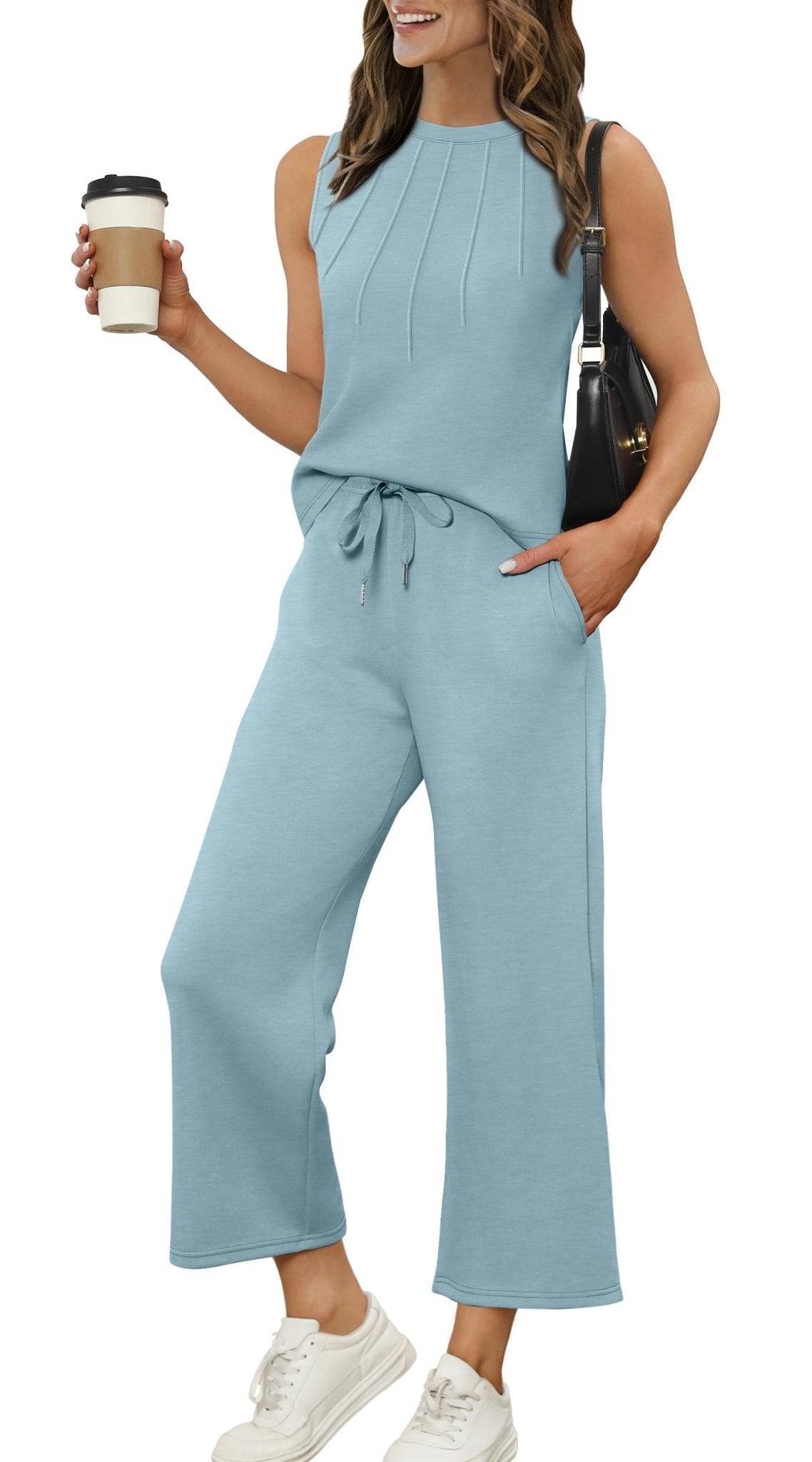 WIHOLL Two Piece Sets for Women Summer Vacation Travel Outfits Pleated Tank Top Wide Leg Crop Pants Matching Lounge Sets