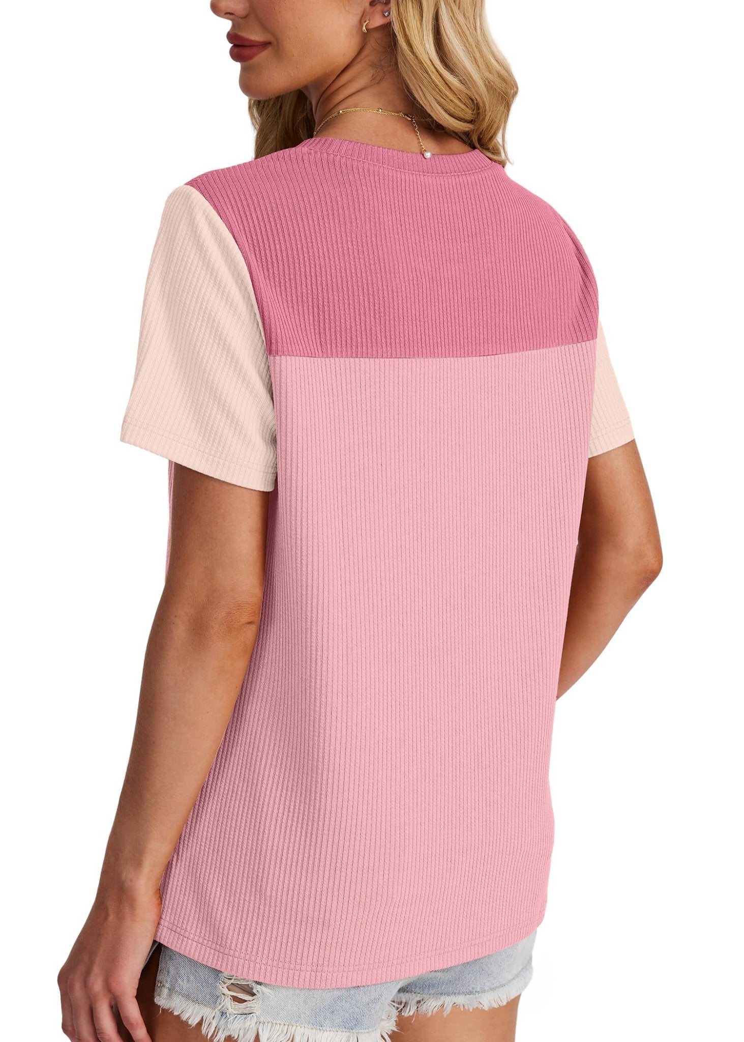 WIHOLL Womens Fashion 2025 Color Block Shirts Short Sleeve Crewneck Knitted Spring Summer Tops Casual Trendy