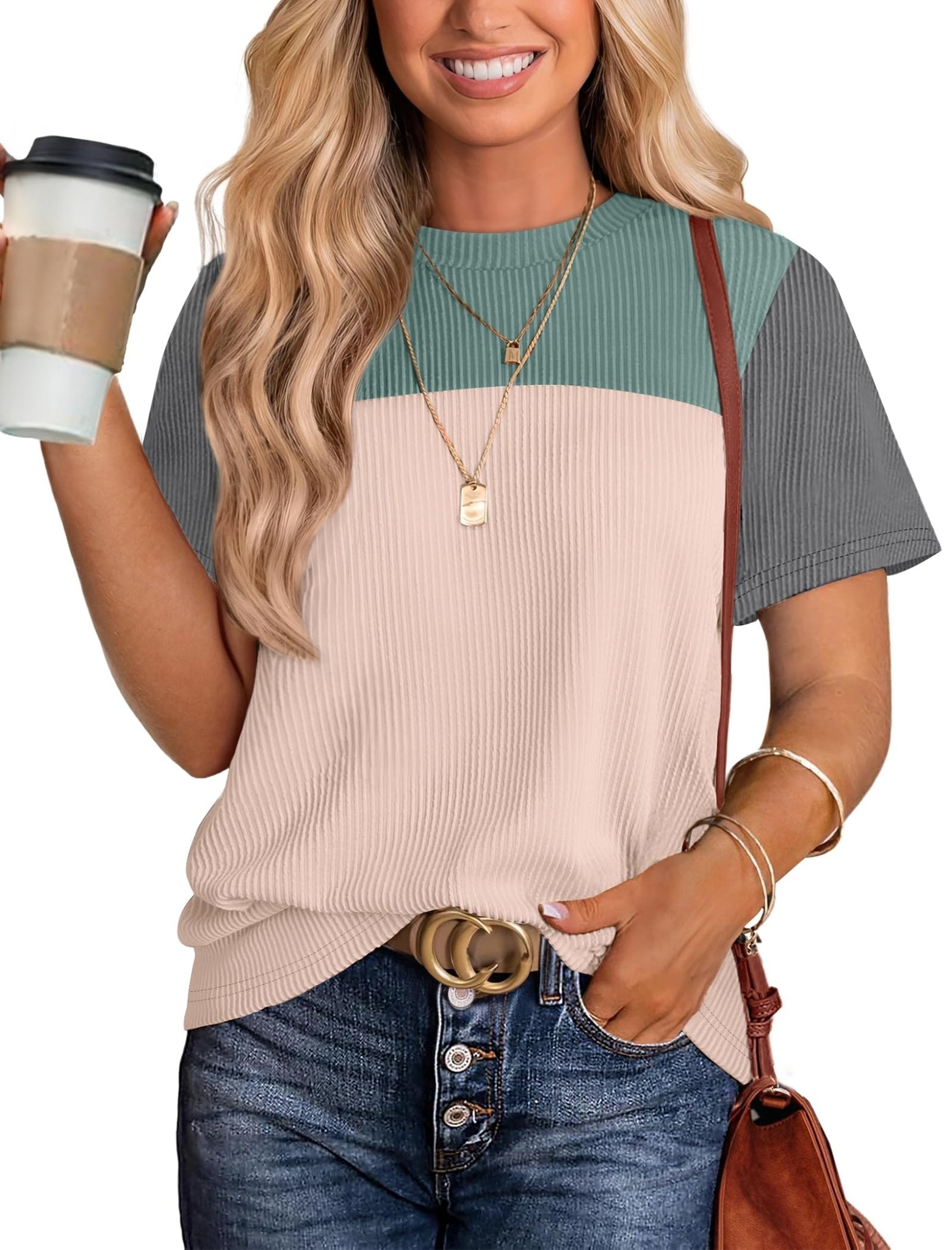 WIHOLL Womens Fashion 2025 Color Block Shirts Short Sleeve Crewneck Knitted Spring Summer Tops Casual Trendy