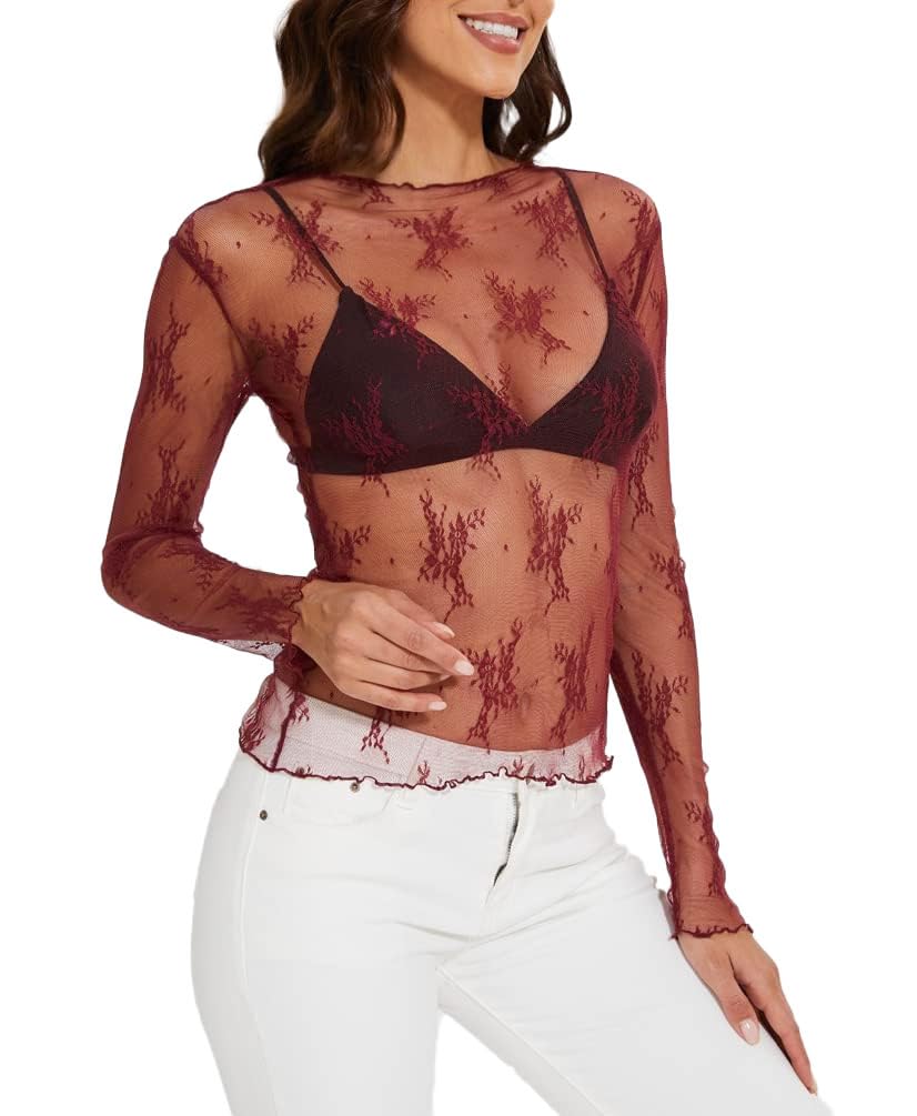 WIHOLL Womens Mesh Sheer Tops Sexy Crew Neck Summer Loose FIt Party Clubwear Shirts