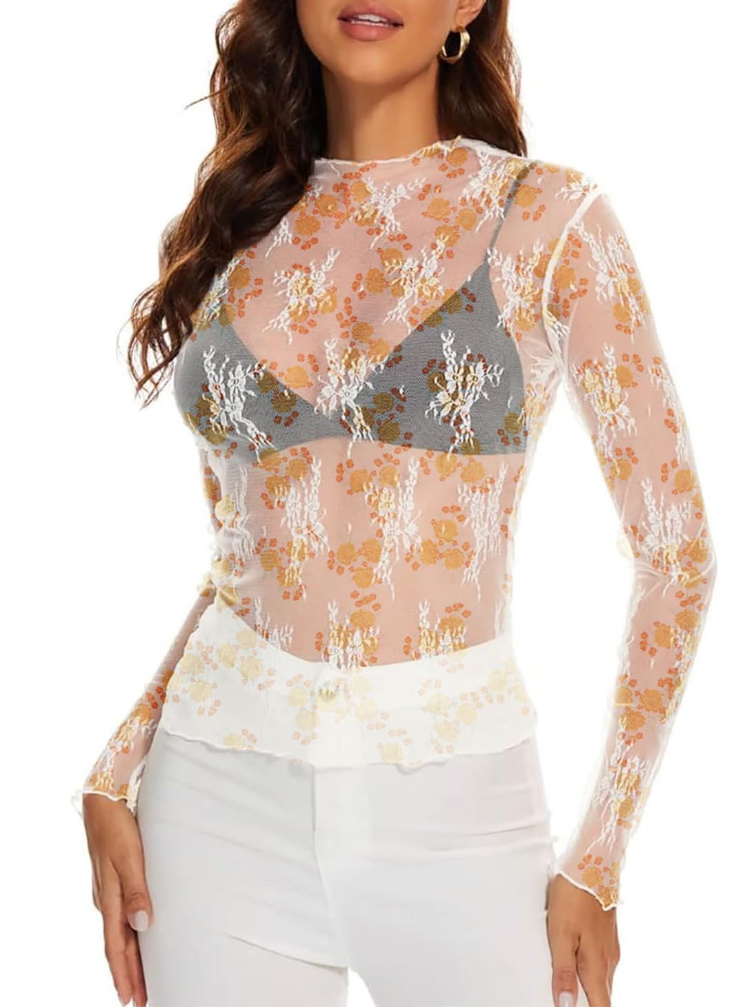 WIHOLL Womens Mesh Sheer Tops Sexy Crew Neck Summer Loose FIt Party Clubwear Shirts