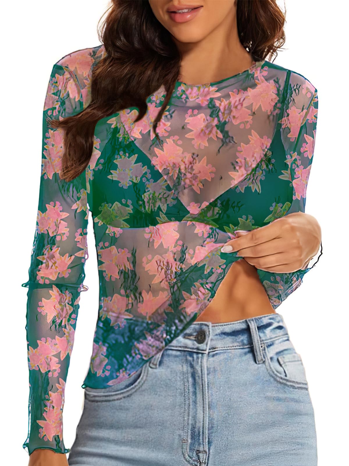 WIHOLL Womens Mesh Sheer Tops Sexy Crew Neck Summer Loose FIt Party Clubwear Shirts