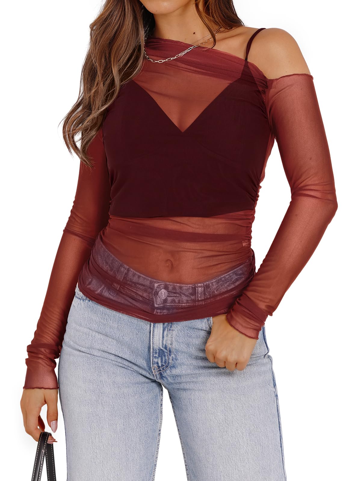 WIHOLL Womens Mesh Sheer Tops Sexy Crew Neck Summer Loose FIt Party Clubwear Shirts