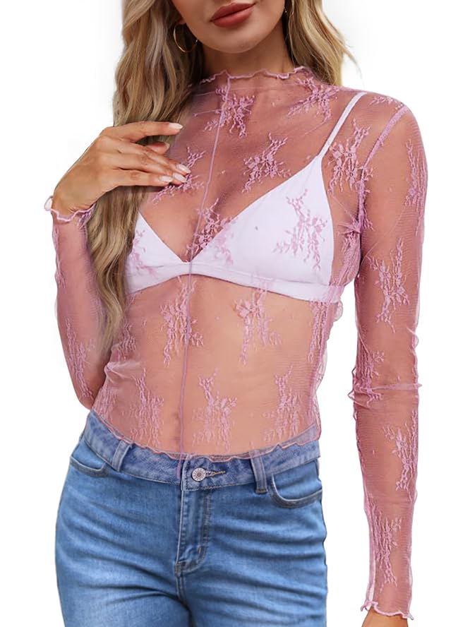 WIHOLL Womens Mesh Sheer Tops Sexy Crew Neck Summer Loose FIt Party Clubwear Shirts