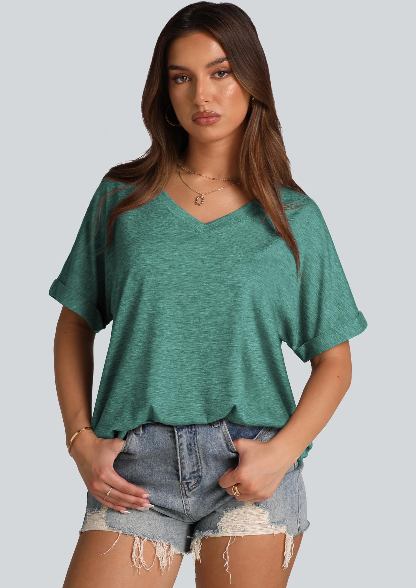 WIHOLL Womens Oversized Tshirts Summer Tops 2025 Short Sleeve V Neck Shirts Outfits Plus Size Clothes