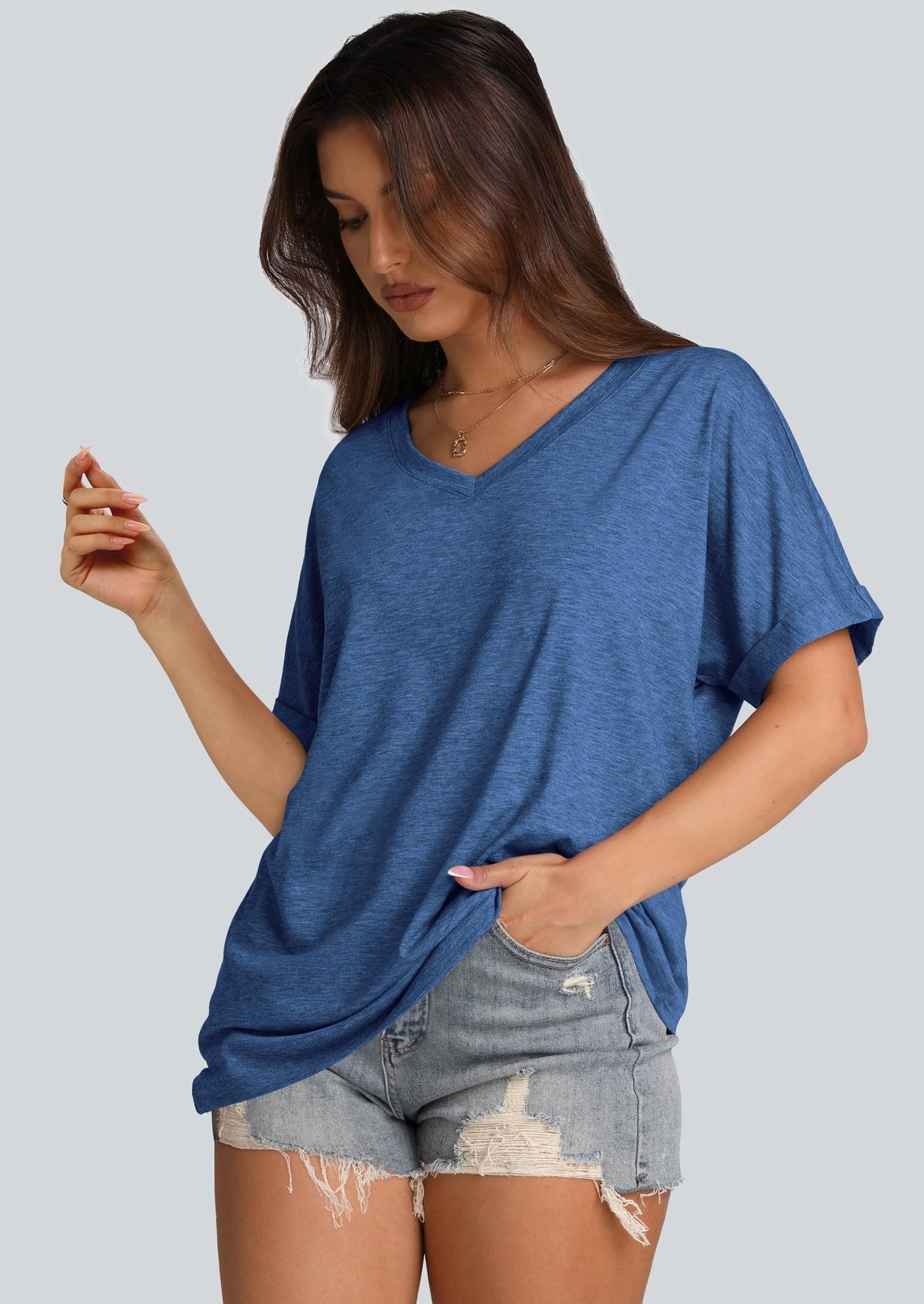 WIHOLL Womens Oversized Tshirts Summer Tops 2025 Short Sleeve V Neck Shirts Outfits Plus Size Clothes