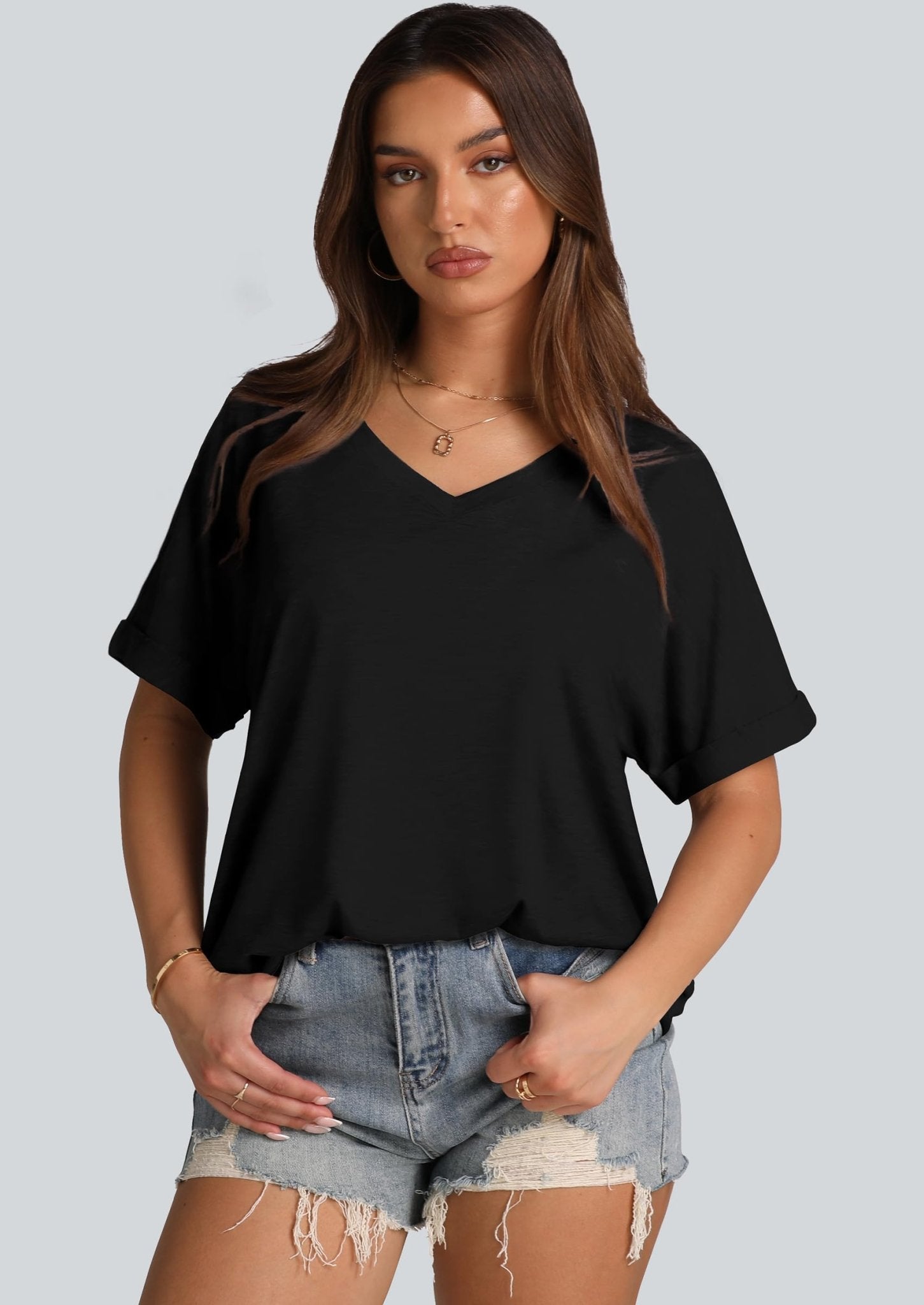 WIHOLL Womens Oversized Tshirts Summer Tops 2025 Short Sleeve V Neck Shirts Outfits Plus Size Clothes