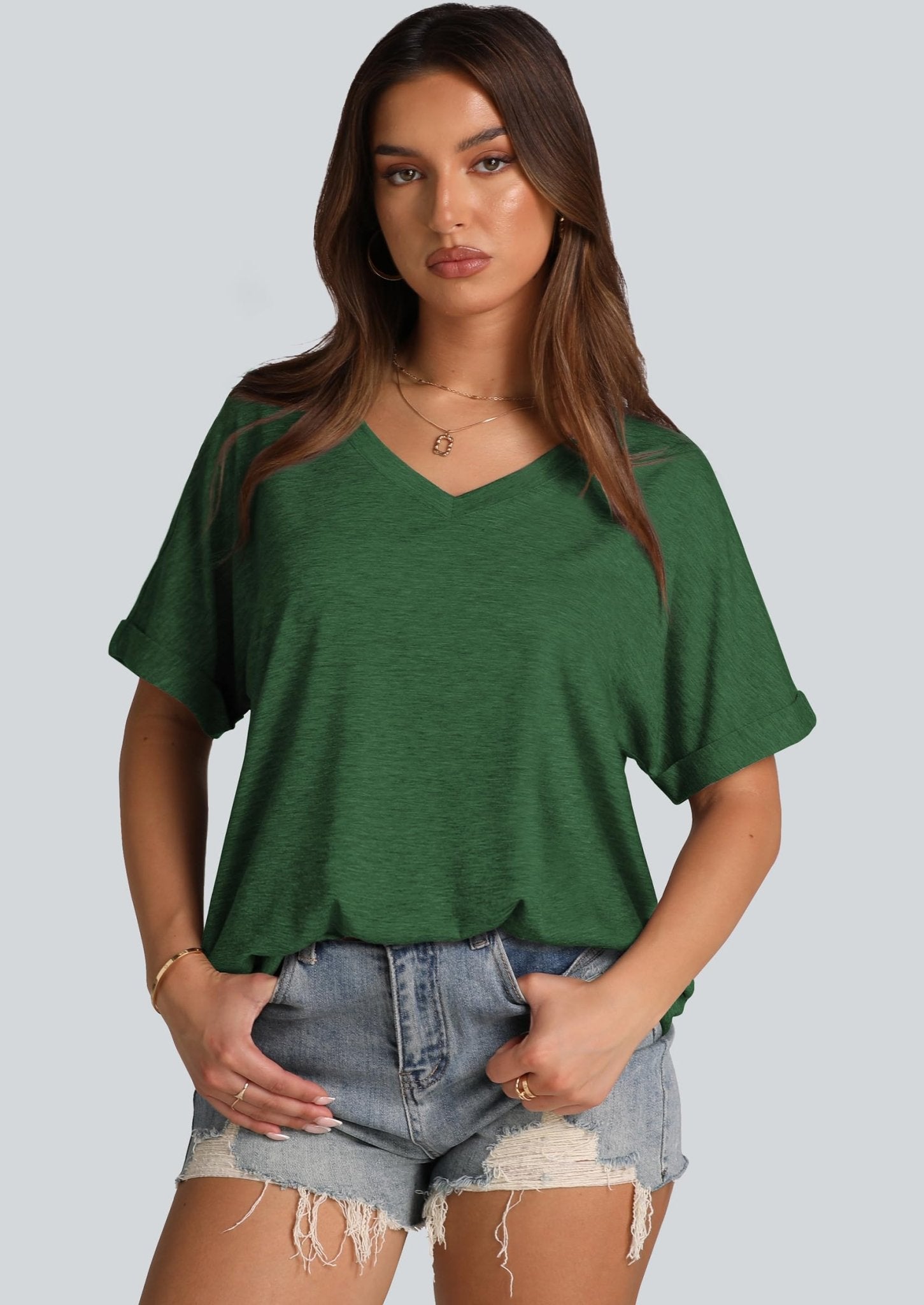 WIHOLL Womens Oversized Tshirts Summer Tops 2025 Short Sleeve V Neck Shirts Outfits Plus Size Clothes