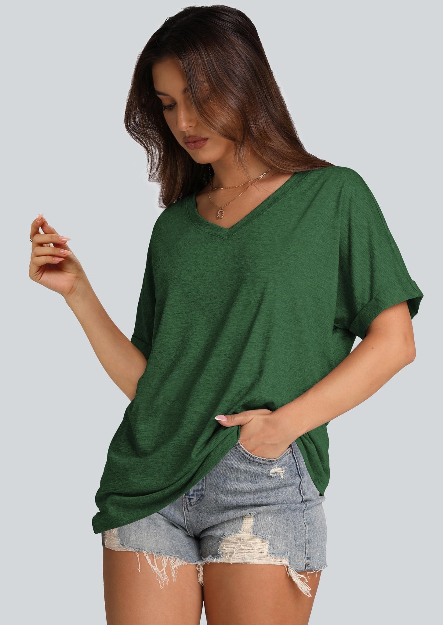 WIHOLL Womens Oversized Tshirts Summer Tops 2025 Short Sleeve V Neck Shirts Outfits Plus Size Clothes