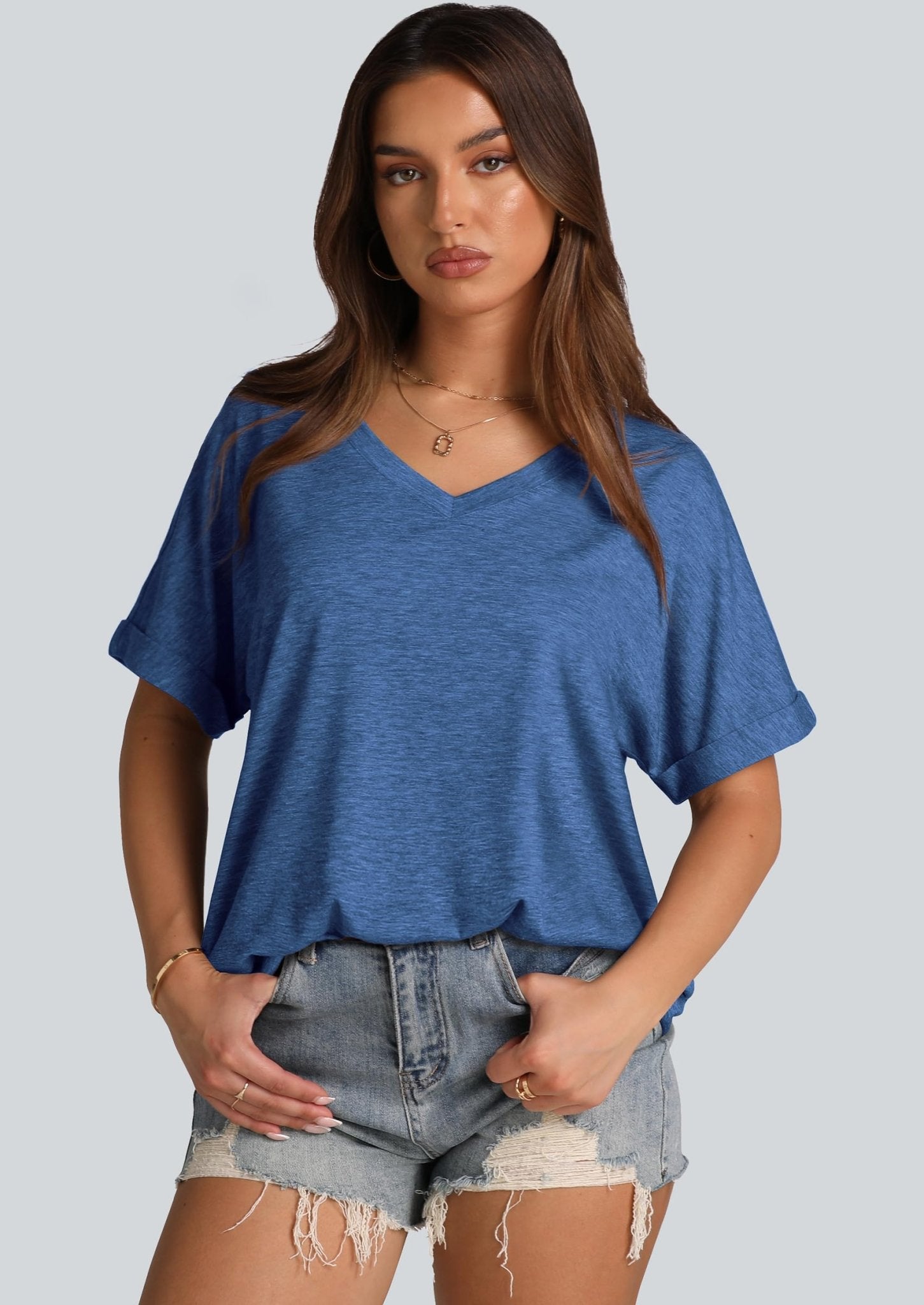 WIHOLL Womens Oversized Tshirts Summer Tops 2025 Short Sleeve V Neck Shirts Outfits Plus Size Clothes