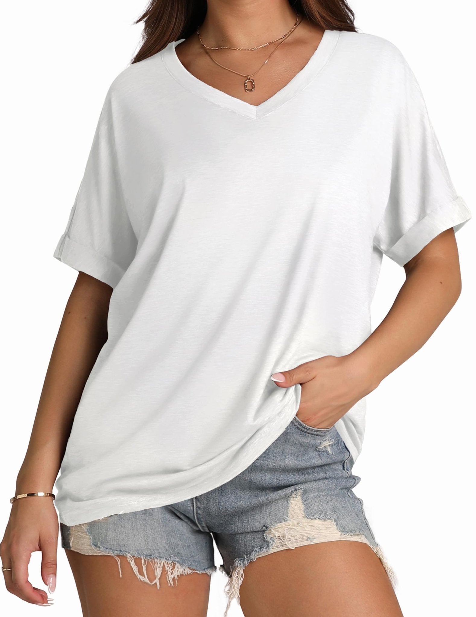 WIHOLL Womens Oversized Tshirts Summer Tops 2025 Short Sleeve V Neck Shirts Outfits Plus Size Clothes