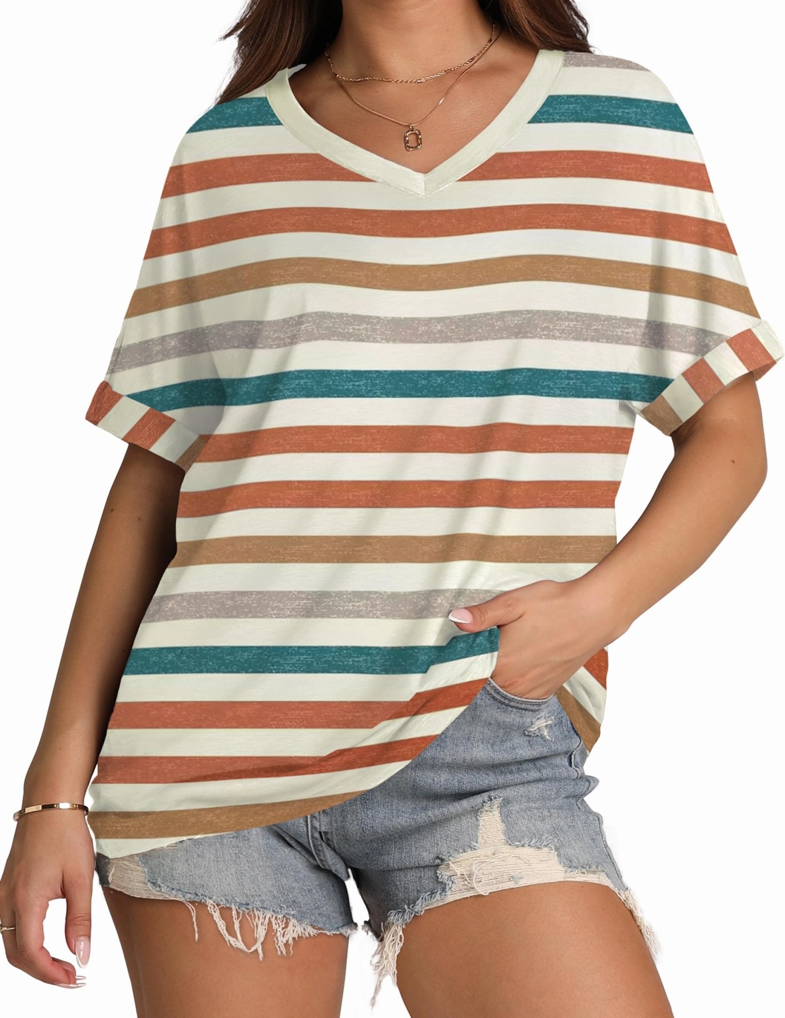 WIHOLL Womens Oversized Tshirts Summer Tops 2025 Short Sleeve V Neck Shirts Outfits Plus Size Clothes