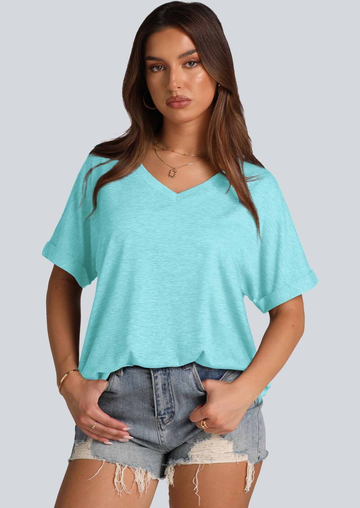 WIHOLL Womens Oversized Tshirts Summer Tops 2025 Short Sleeve V Neck Shirts Outfits Plus Size Clothes