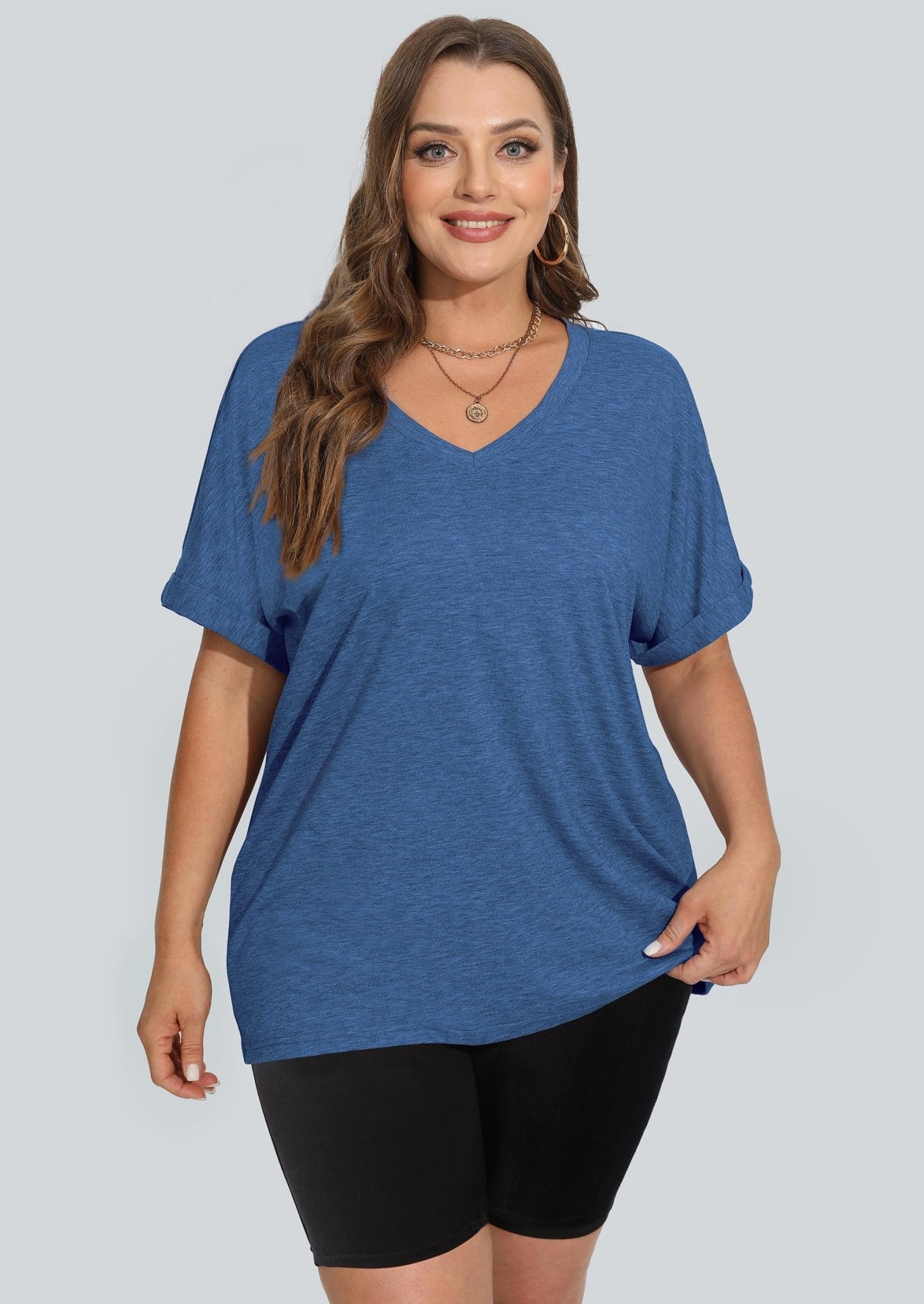 WIHOLL Womens Oversized Tshirts Summer Tops 2025 Short Sleeve V Neck Shirts Outfits Plus Size Clothes