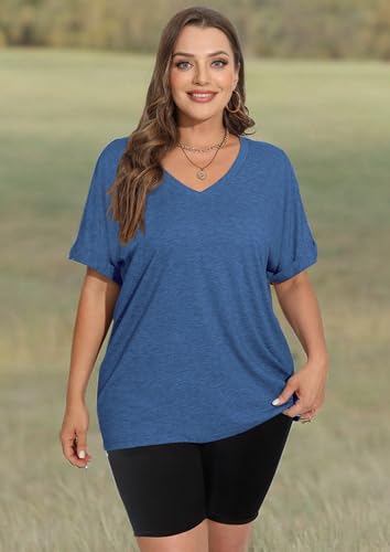 WIHOLL Womens Oversized Tshirts Summer Tops 2025 Short Sleeve V Neck Shirts Outfits Plus Size Clothes