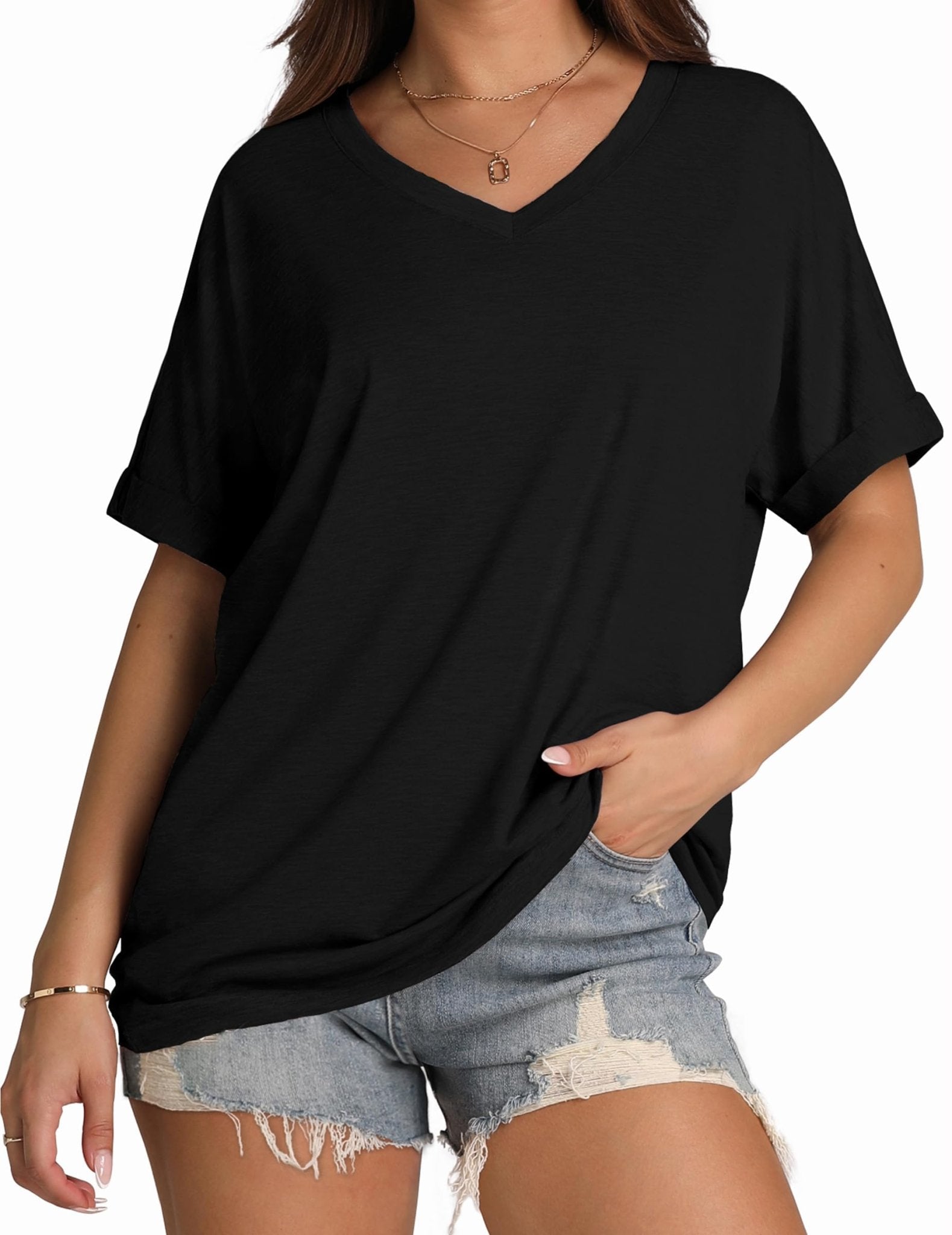 WIHOLL Womens Oversized Tshirts Summer Tops 2025 Short Sleeve V Neck Shirts Outfits Plus Size Clothes