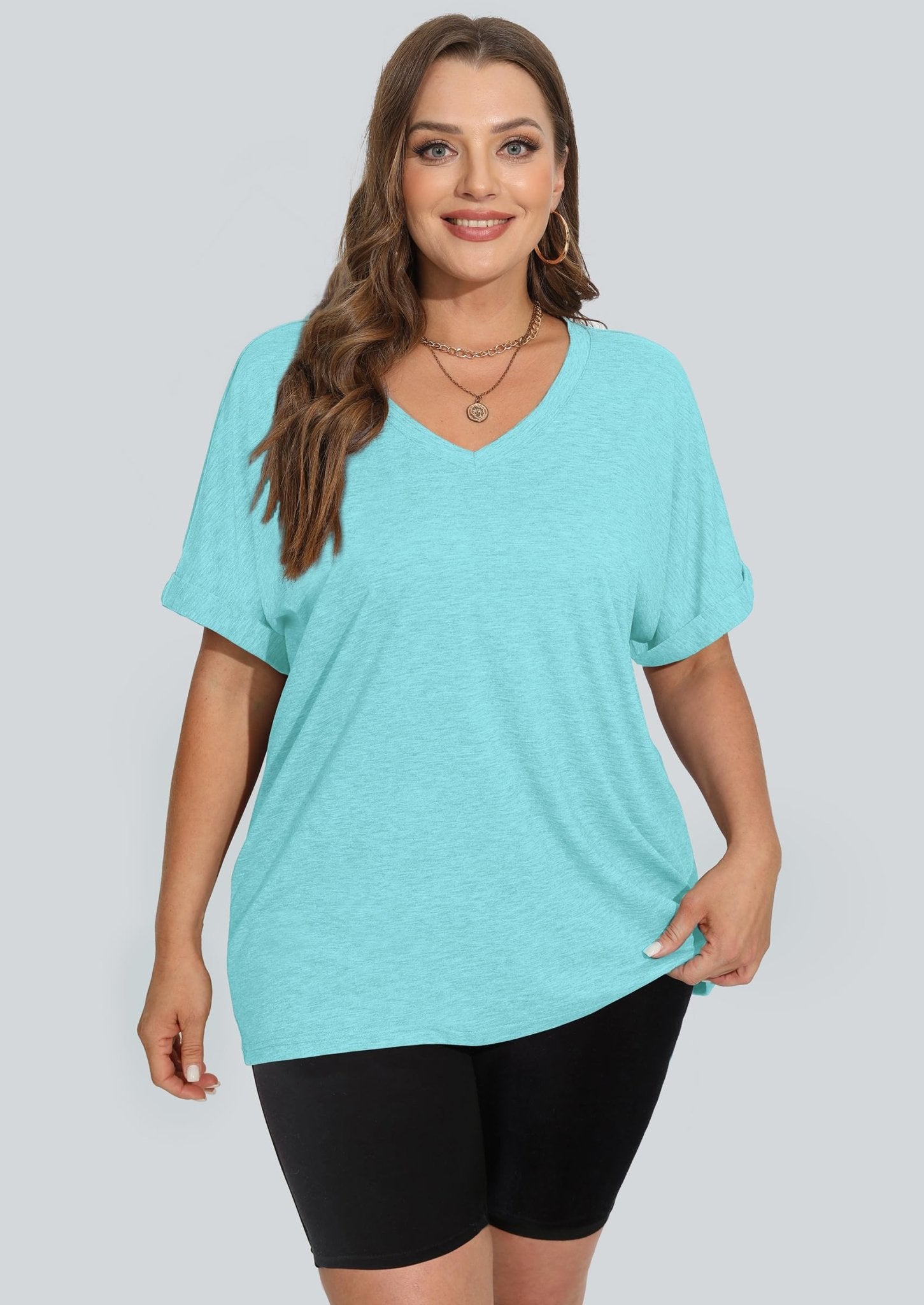 WIHOLL Womens Oversized Tshirts Summer Tops 2025 Short Sleeve V Neck Shirts Outfits Plus Size Clothes