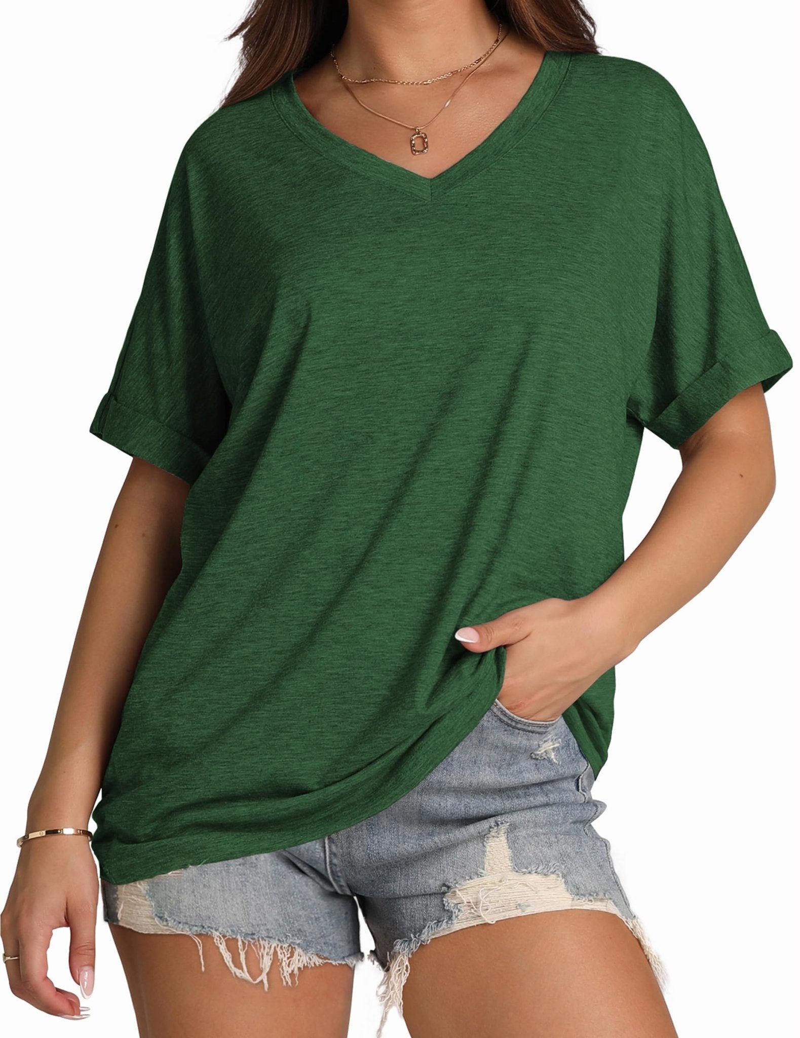 WIHOLL Womens Oversized Tshirts Summer Tops 2025 Short Sleeve V Neck Shirts Outfits Plus Size Clothes