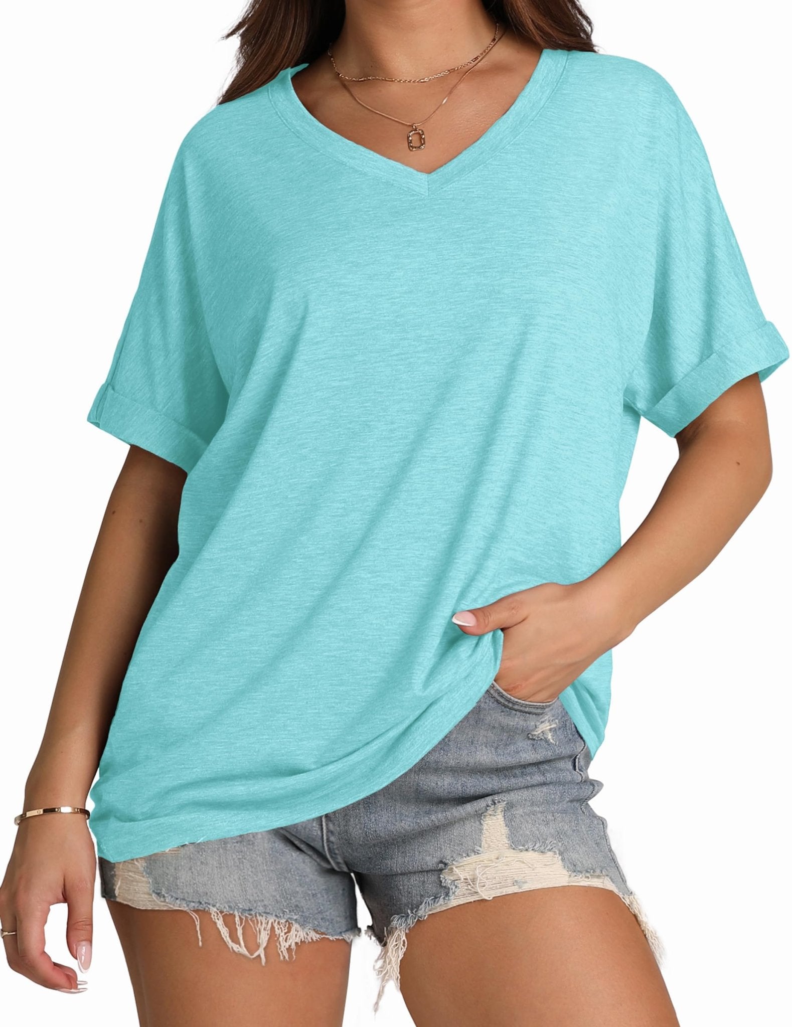 WIHOLL Womens Oversized Tshirts Summer Tops 2025 Short Sleeve V Neck Shirts Outfits Plus Size Clothes