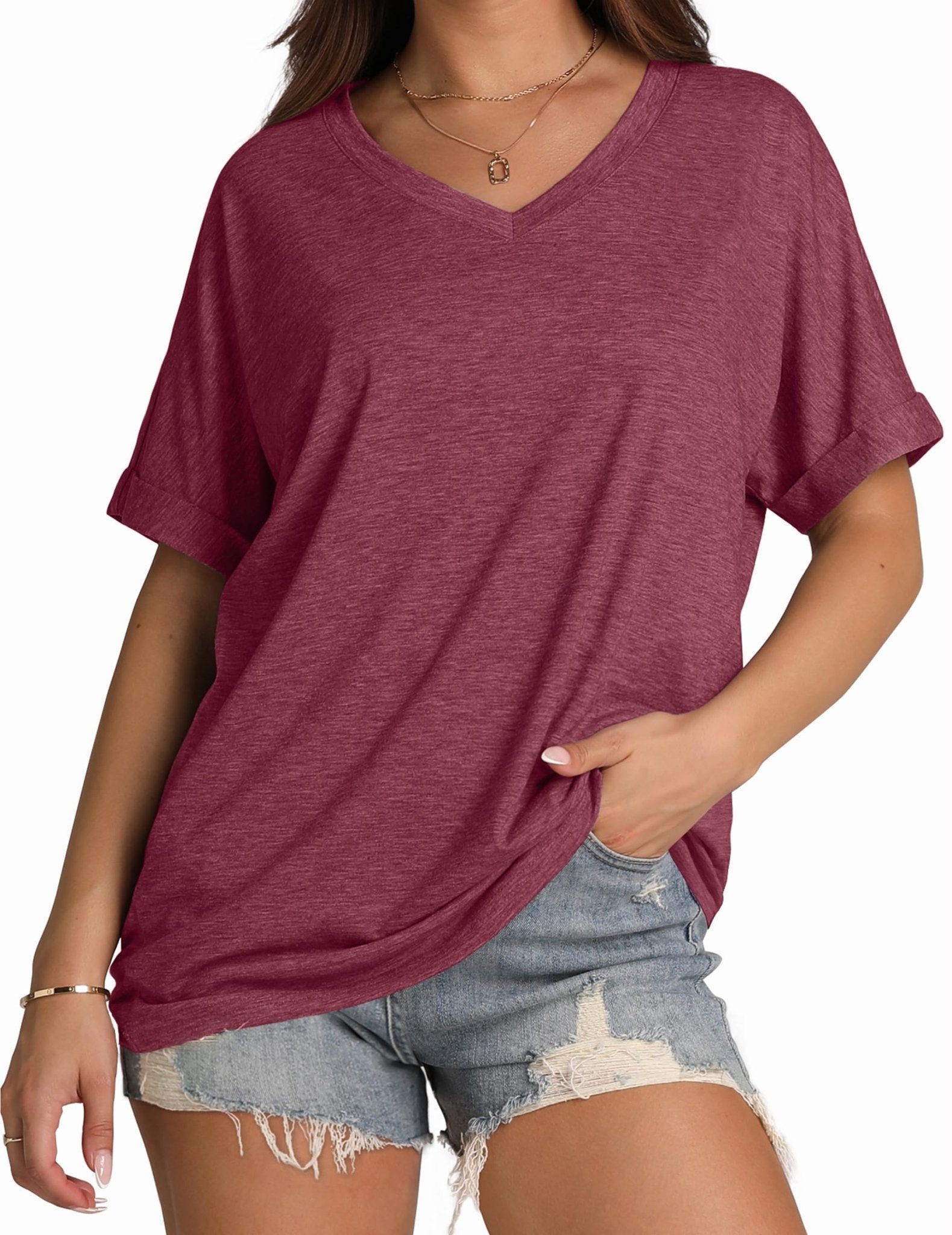 WIHOLL Womens Oversized Tshirts Summer Tops 2025 Short Sleeve V Neck Shirts Outfits Plus Size Clothes